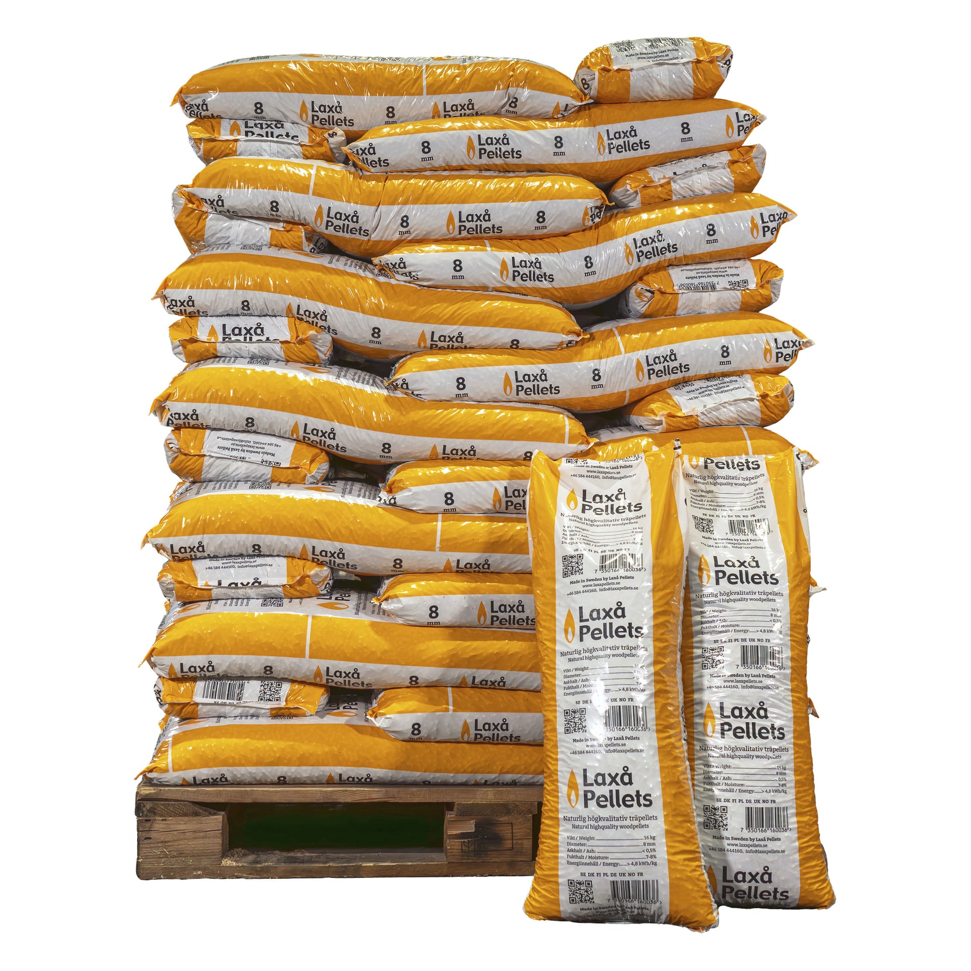 En pall fylld med gula och vita Laxå Pellets träpelletspåsar, två stående framför, var och en med produktinformation och siffran 8.