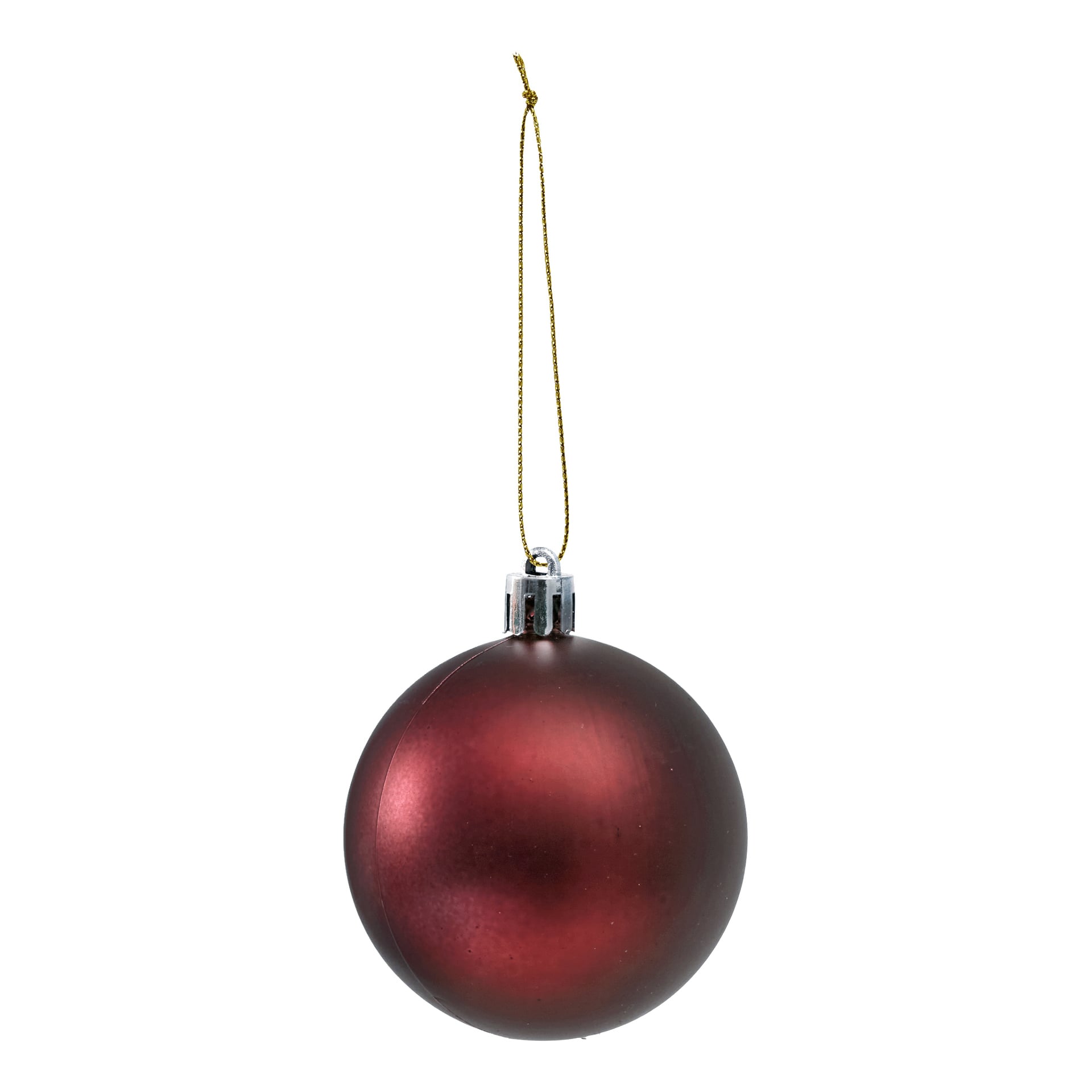 Pakiet trzech matowych bordowych ozdób choinkowych od EKVIP ze złotymi sznurkami, oznaczonych jako "A Christmas Ball 3 pack".