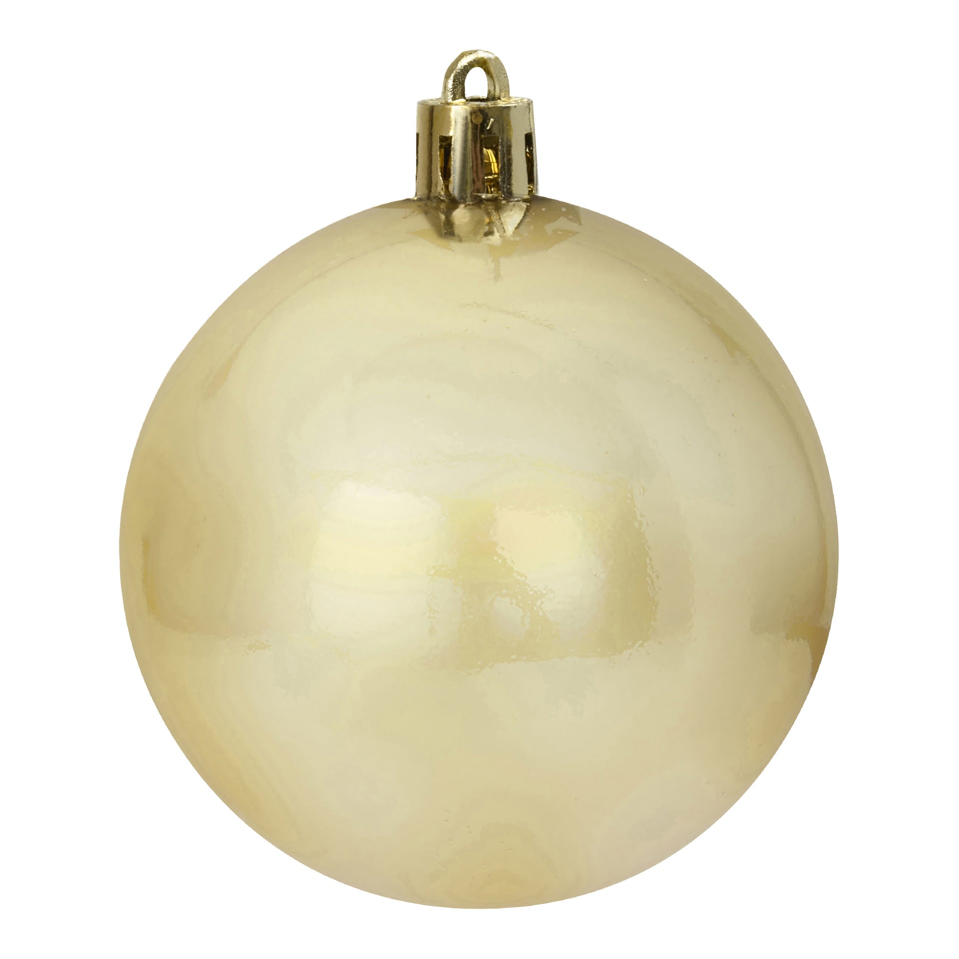 En glänsande, rund guldkula från EKVIP Christmas tree balls 3-pack har en metallisk lock och hängögla.