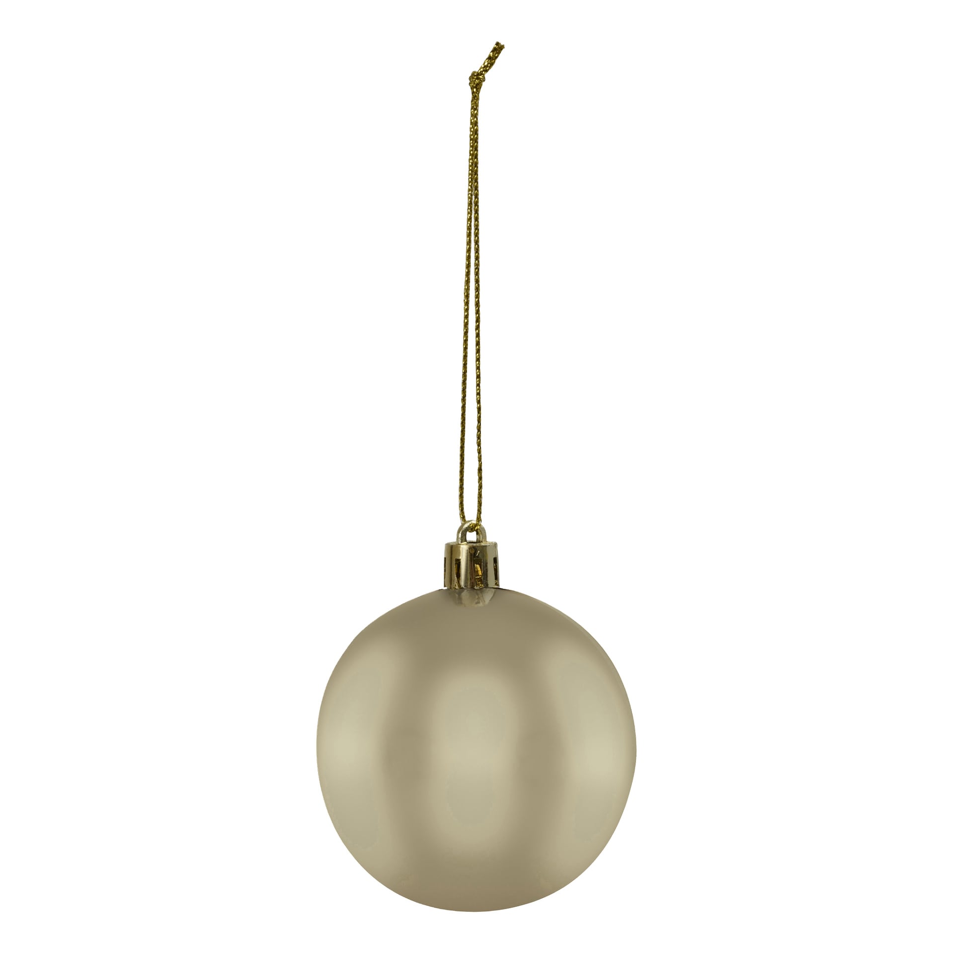 En slät, rund ljus guldkula från EKVIP Christmas tree balls 3-pack hänger på en tunn guldtråd.