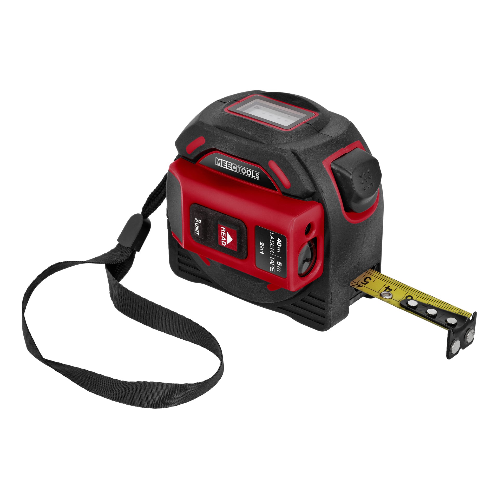 Ett Meec Tools måttband med digital display, handledsrem och delvis utdraget gult band visas.