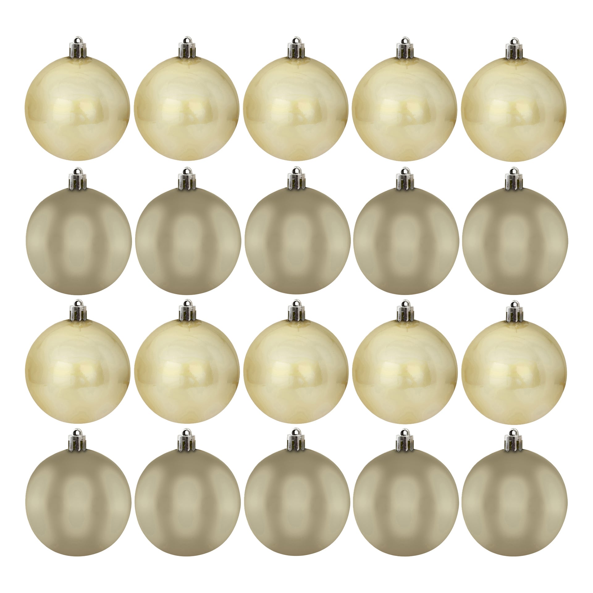 EKVIP julgransbollar 20-pack" visas i ett rutnät, med ljusguld och matt silverkulor arrangerade i växelvis rader, var och en toppad med en metalllock och krok.