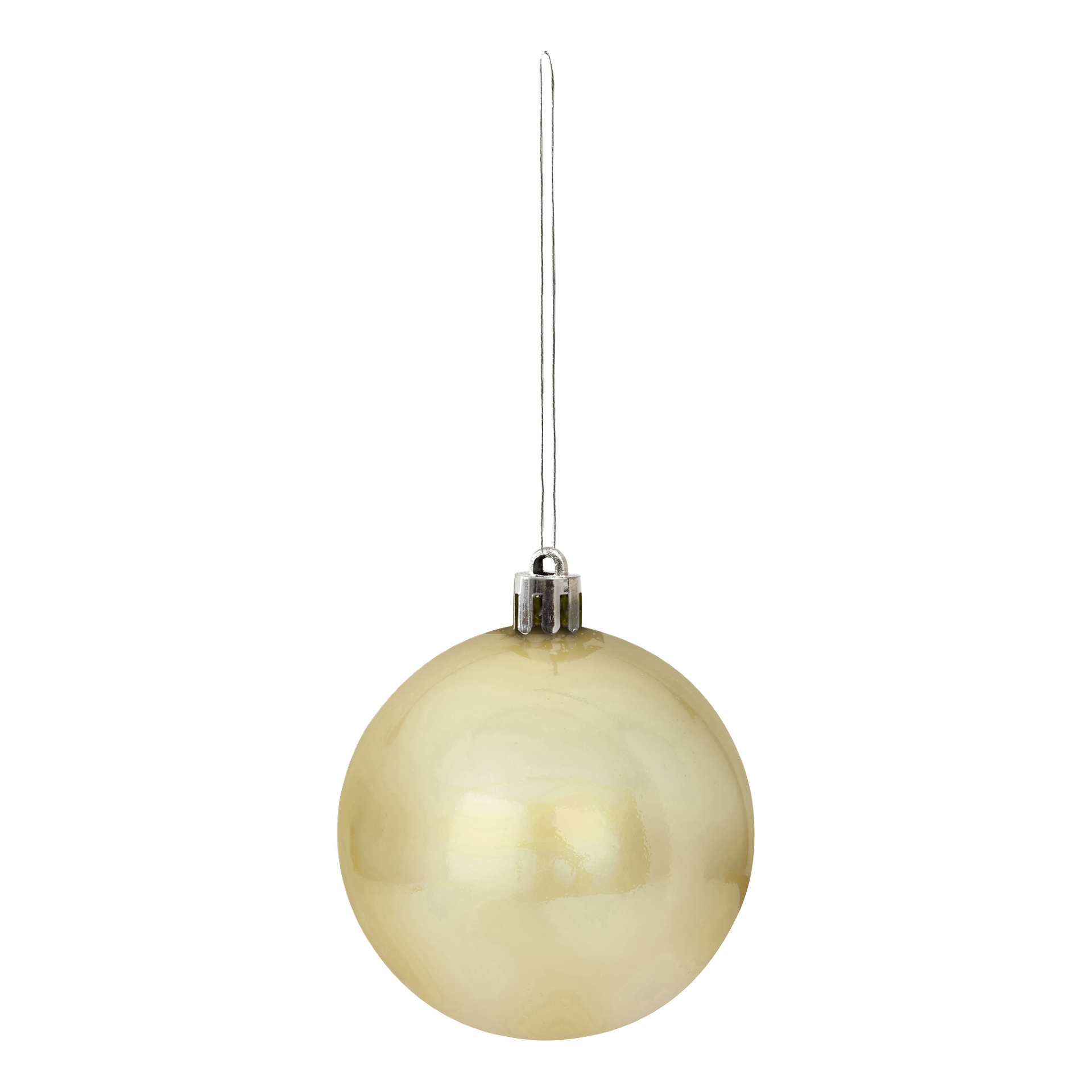En glänsande guldkula från EKVIP Christmas Ball 20-pack hänger i en tunn silversträng, med en slät, blank finish och metallisk lock.