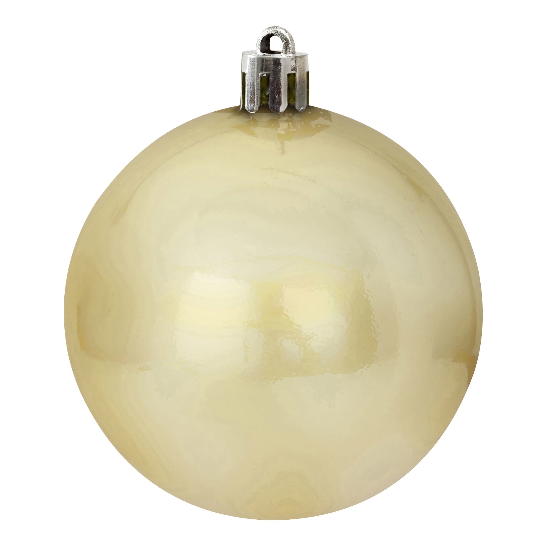 En glänsande guldkula från EKVIP Christmas tree balls 20-packet, med en rund, reflekterande yta och en metallisk mössa.