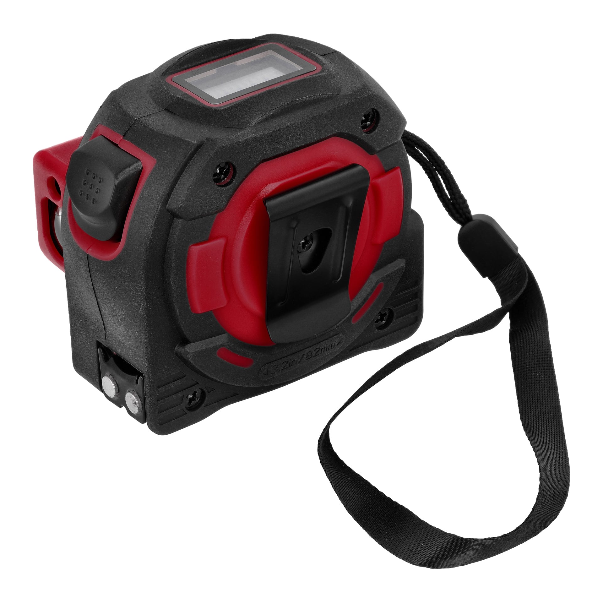 Ett svart och rött Meec Tools måttband med handledsrem, sidoklämma, övre digitala skärm, knappar och en liten frontlampa.