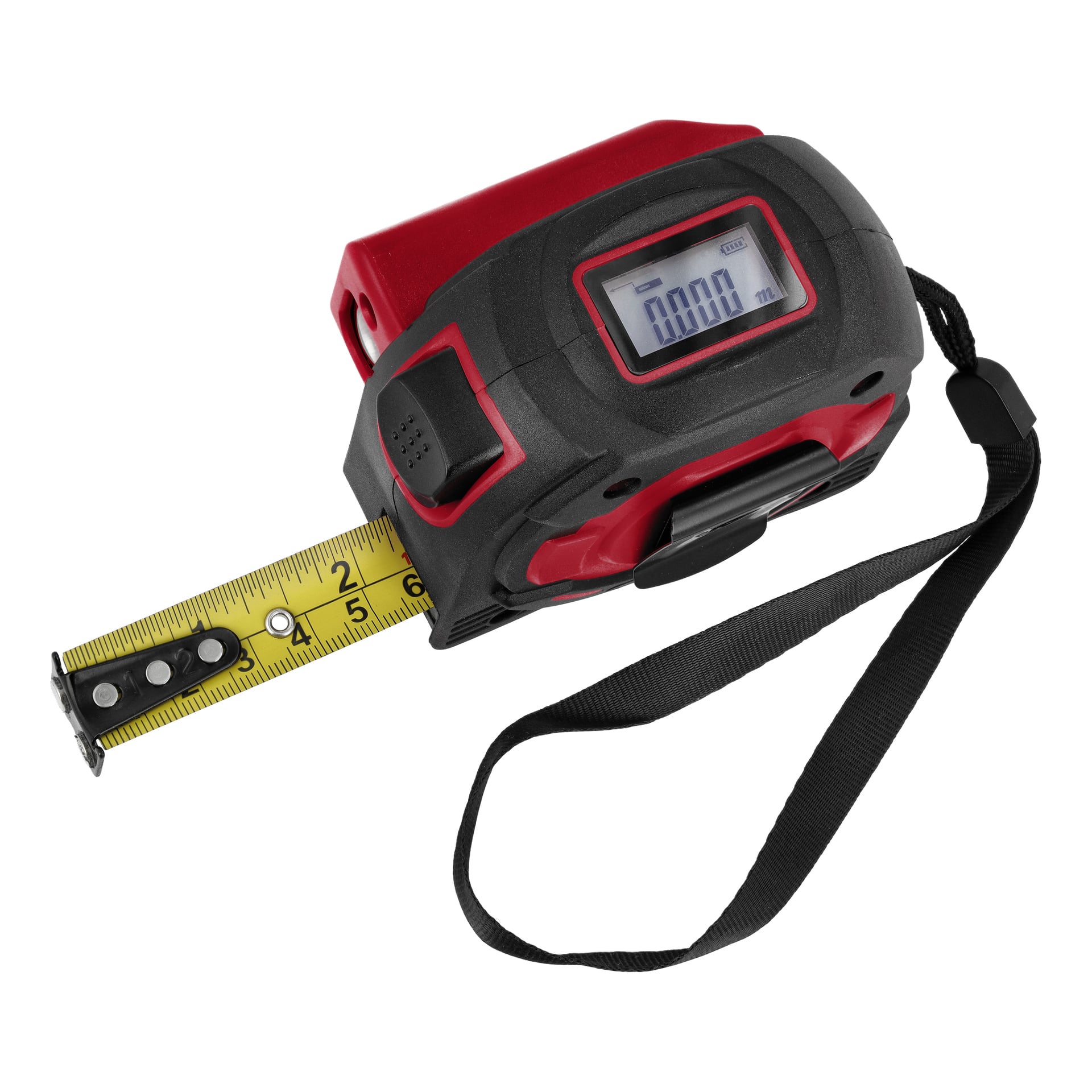 Ett Meec Tools måttband med rött och svart hölje, digital display som visar 0,000, förlängd gul tejp och svart handledsrem.