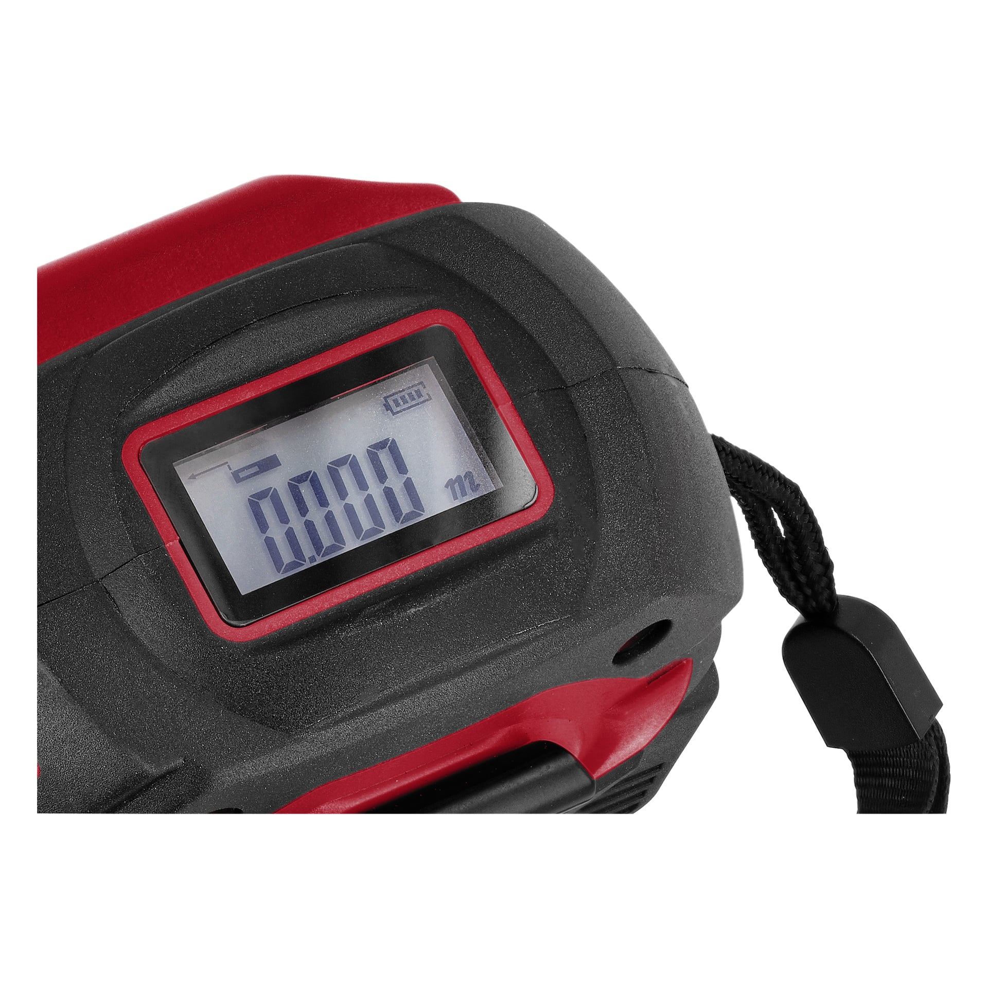 Närbild på ett Meec Tools måttband med avståndsmätare, digital display på 0,000 meter, svart kropp, röda detaljer, handledsrem.
