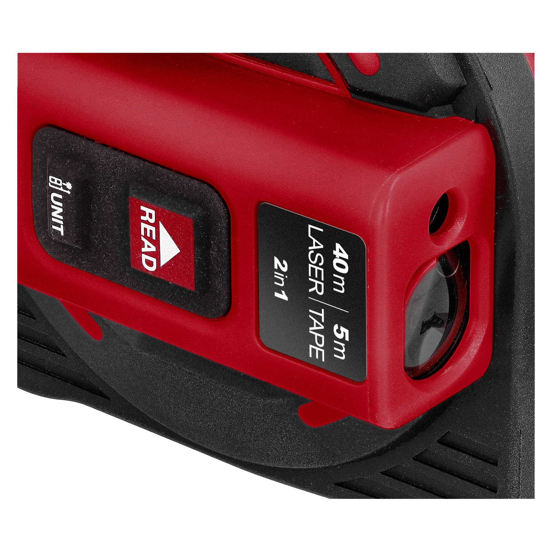 Närbild på ett Meec Tools måttband med avståndsmätare, röd och svart fodral, objektiv och knappar märkta READ, 40m 5m LASER TEJP 2 i 1.