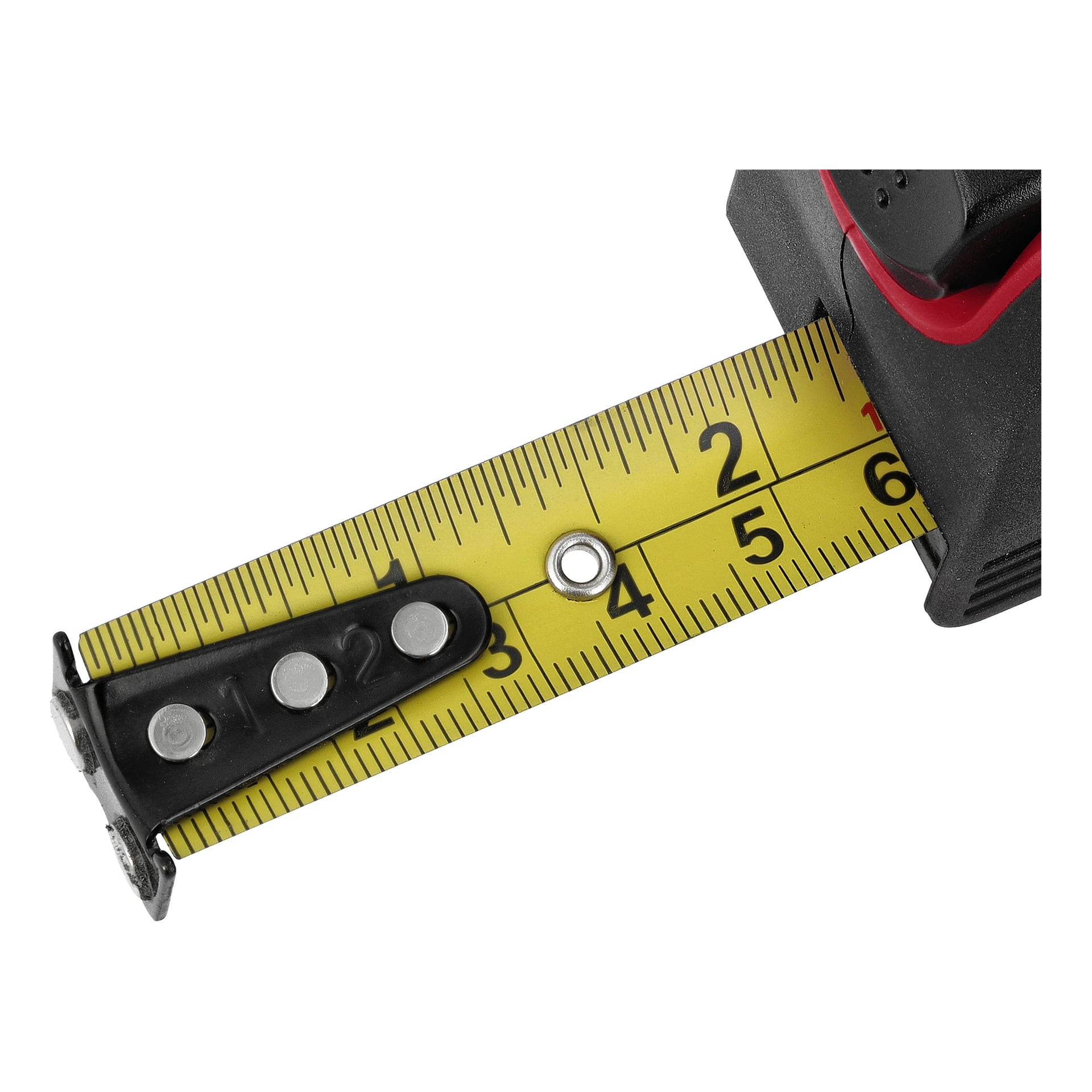Meec Tools måttband med avståndsmätare har sitt gula band förlängt till 5 tum, med tydliga markeringar och ett svart-rött fodral.