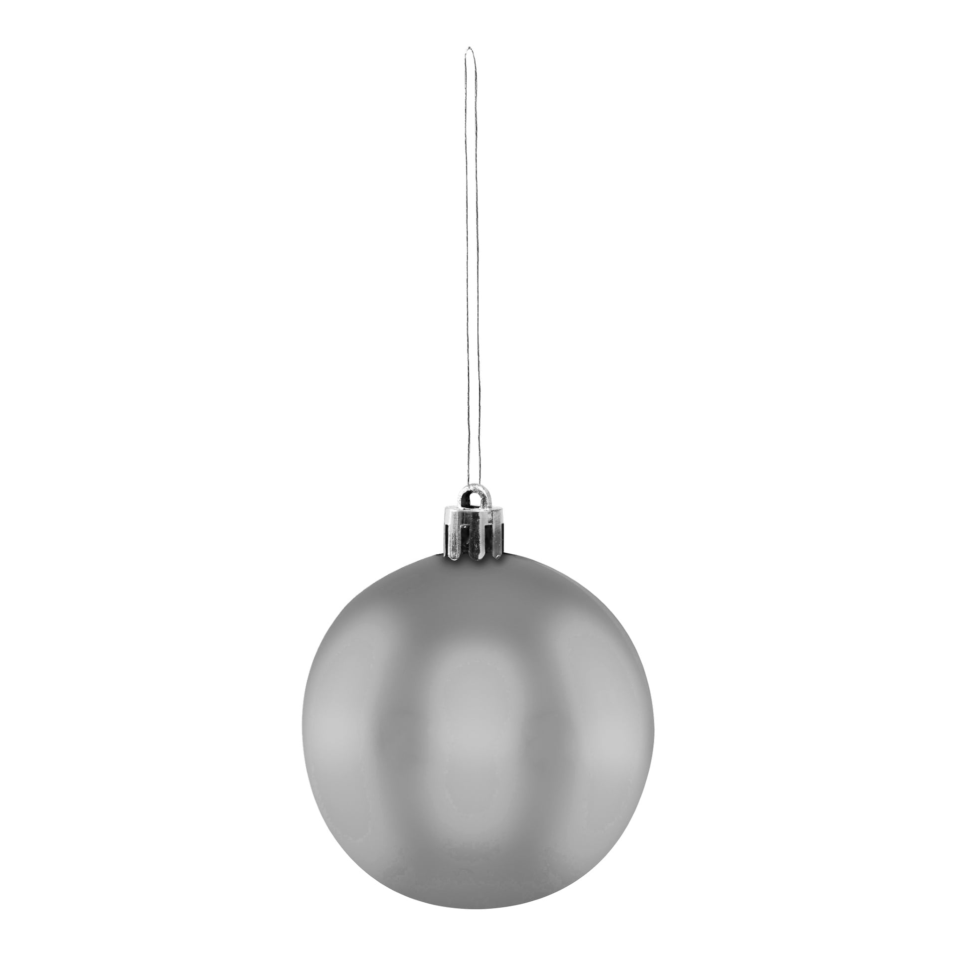 En skinnende sølvkule fra EKVIP juletrekuler 20-pakke, med metallhette og hengende snor.