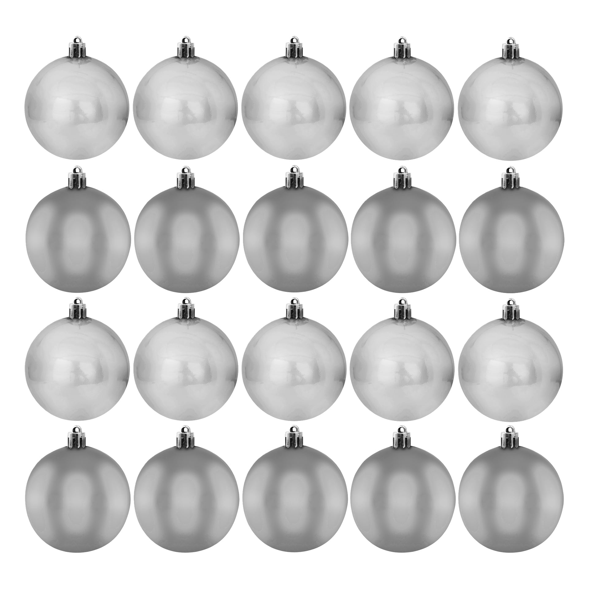 Et rutenett med 20 EKVIP juletrekuler i 20-pakke ornamenter, i skinnende og matt sølv, er arrangert i fire rader og fem kolonner.