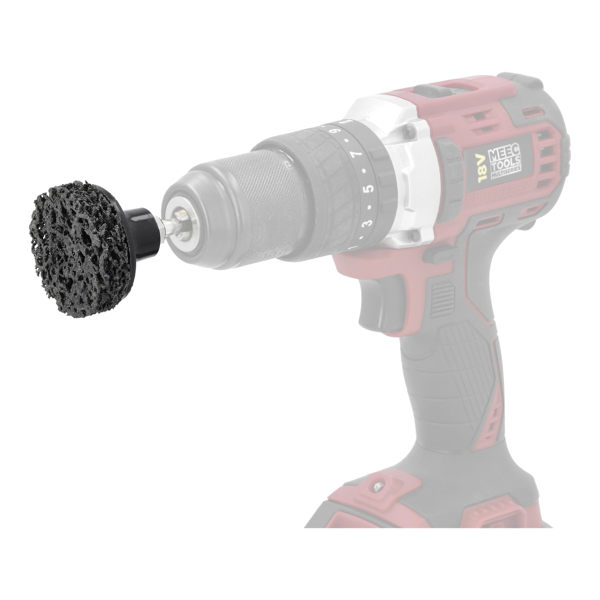 Närbild på Meec Tools' Heavy Duty Cleaner for Screwdrivers på en borrmaskin, med rengöringen och chucken vass, resten av borren suddig.