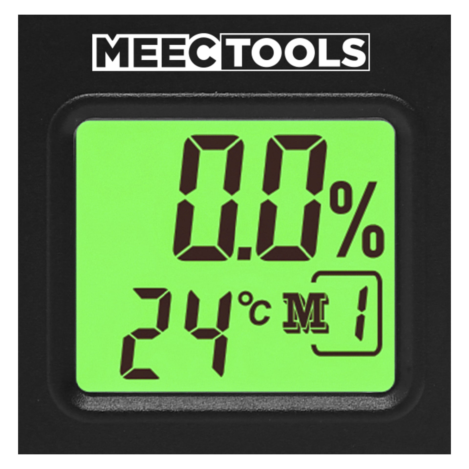 Meec Tools Moisture Meter Mini viser 0,0 % øverst, 24°C M 1 under, har grønn bakgrunnsbelysning og Meec Tools-logo over skjermen.