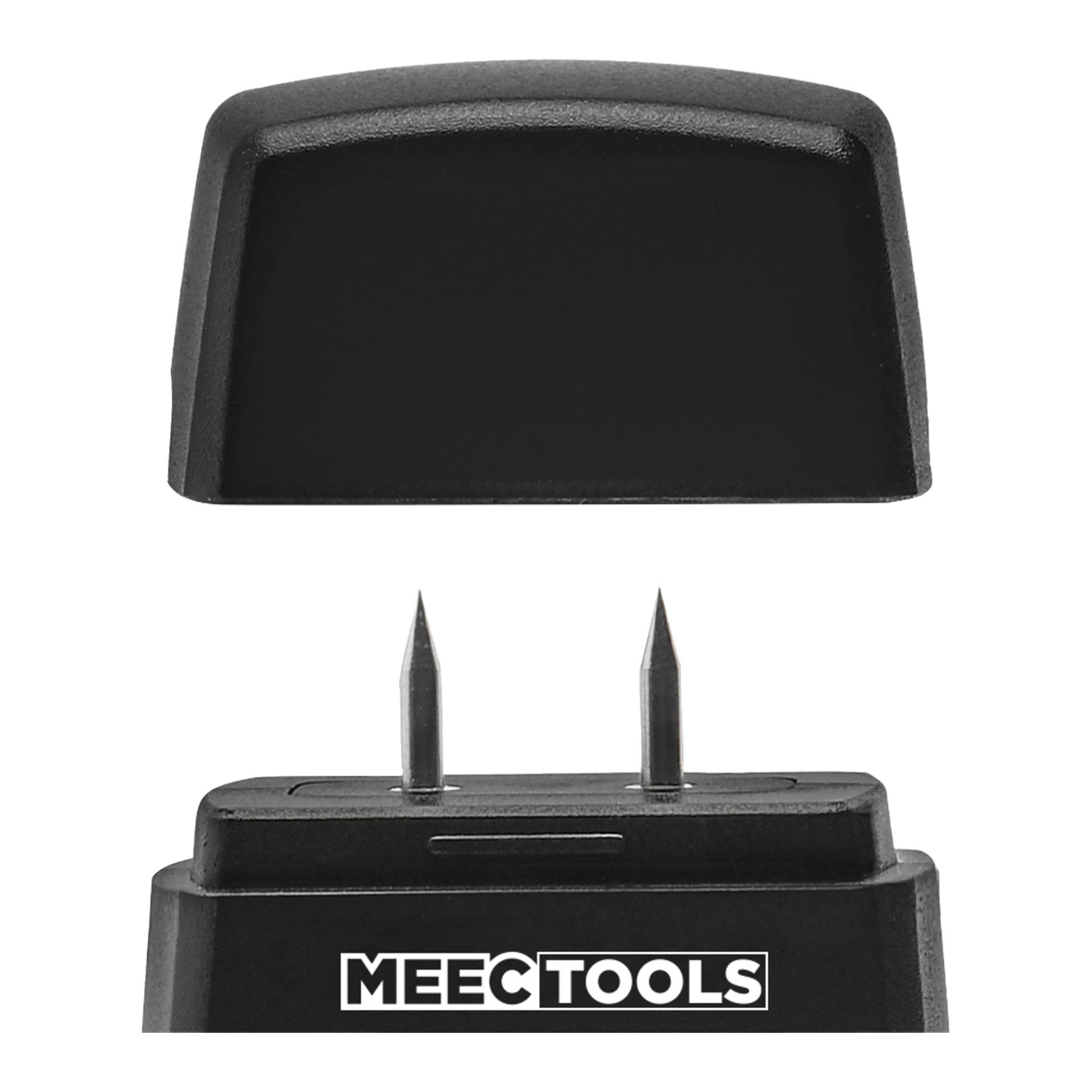 En svart Meec Tools Moisture Meter Mini med hetten fjernet, som viser to metallprober og merkenavnet under.