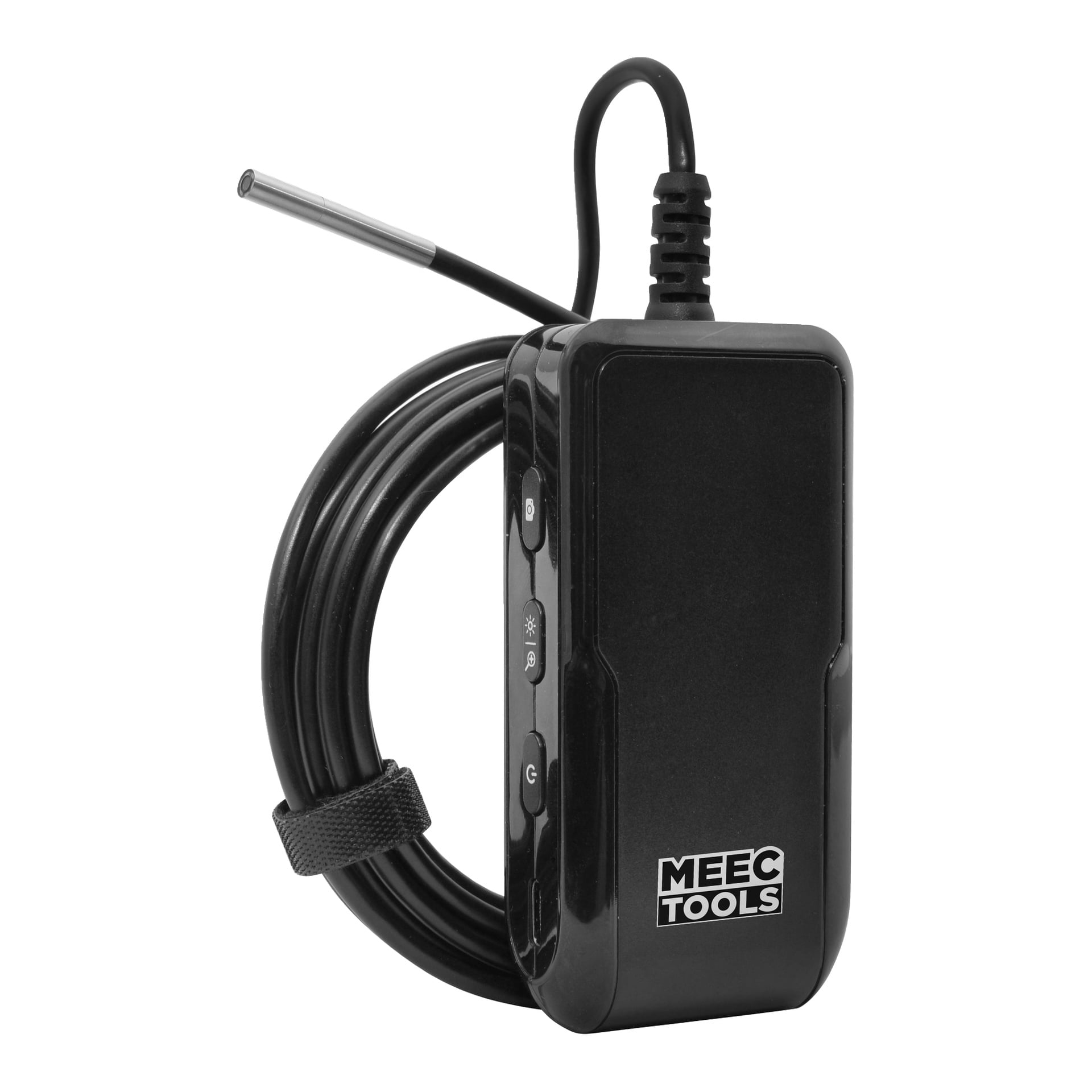 Meec Tools inspektionskamera för mobil, med svart handhållen kropp, flexibel kabel med prob, sidoknappar och logotyp framtill.