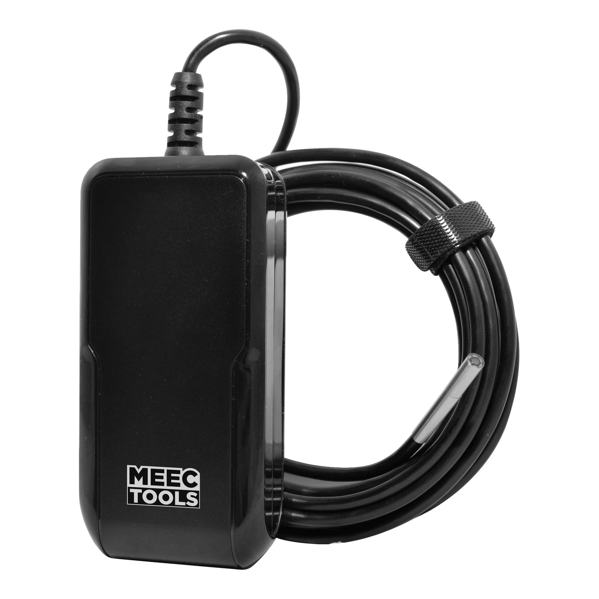 Svart Meec Tools inspektionskamera för mobila enheter, spiralad kabel hålls med kardborreband, rundad rektangulär form, märke på framsidan.