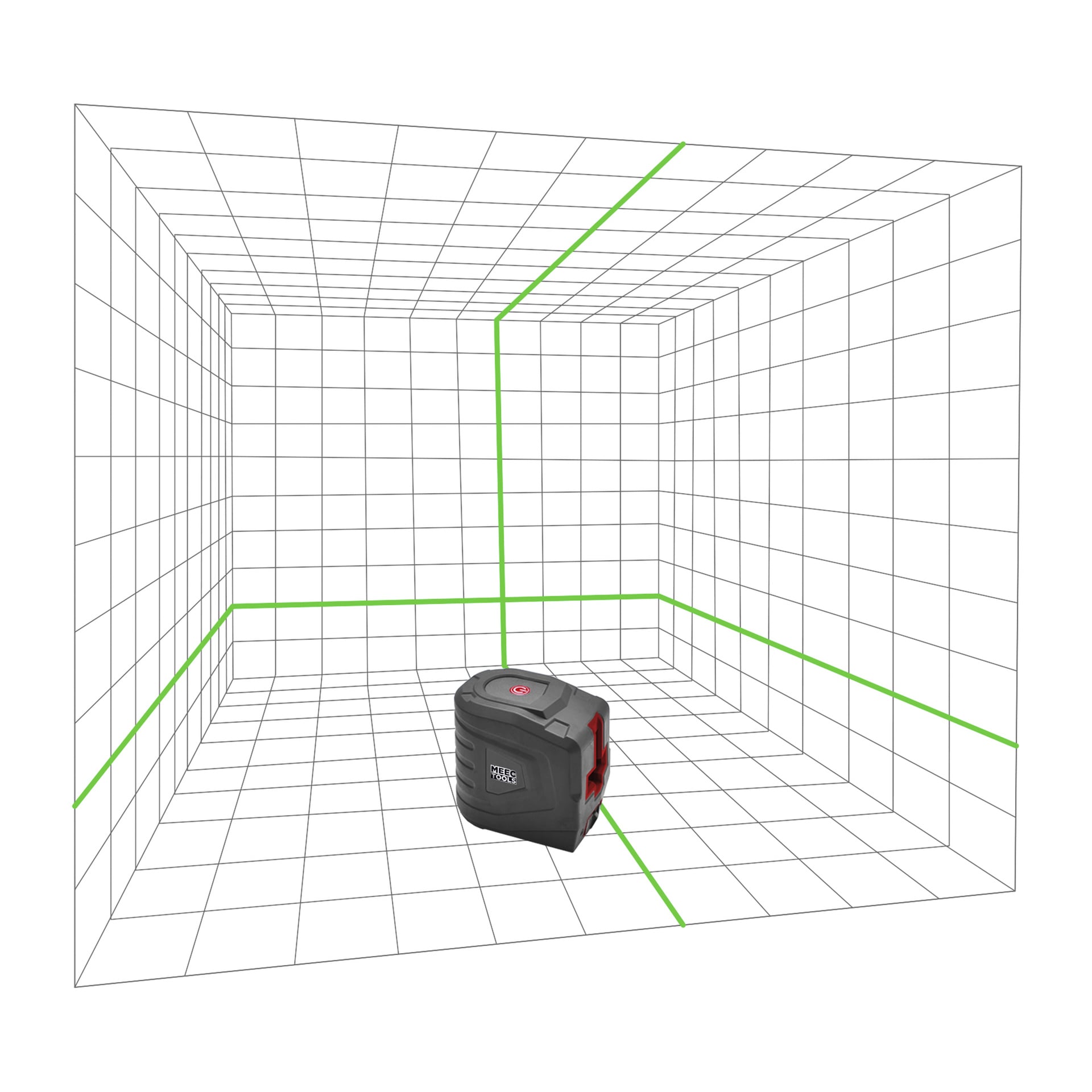 En Meec Tools Crosshair lasergrønn enhet står på et rutenettformet 3D-gulv, med grønne linjer som markerer hvor vegger og gulv møtes.
