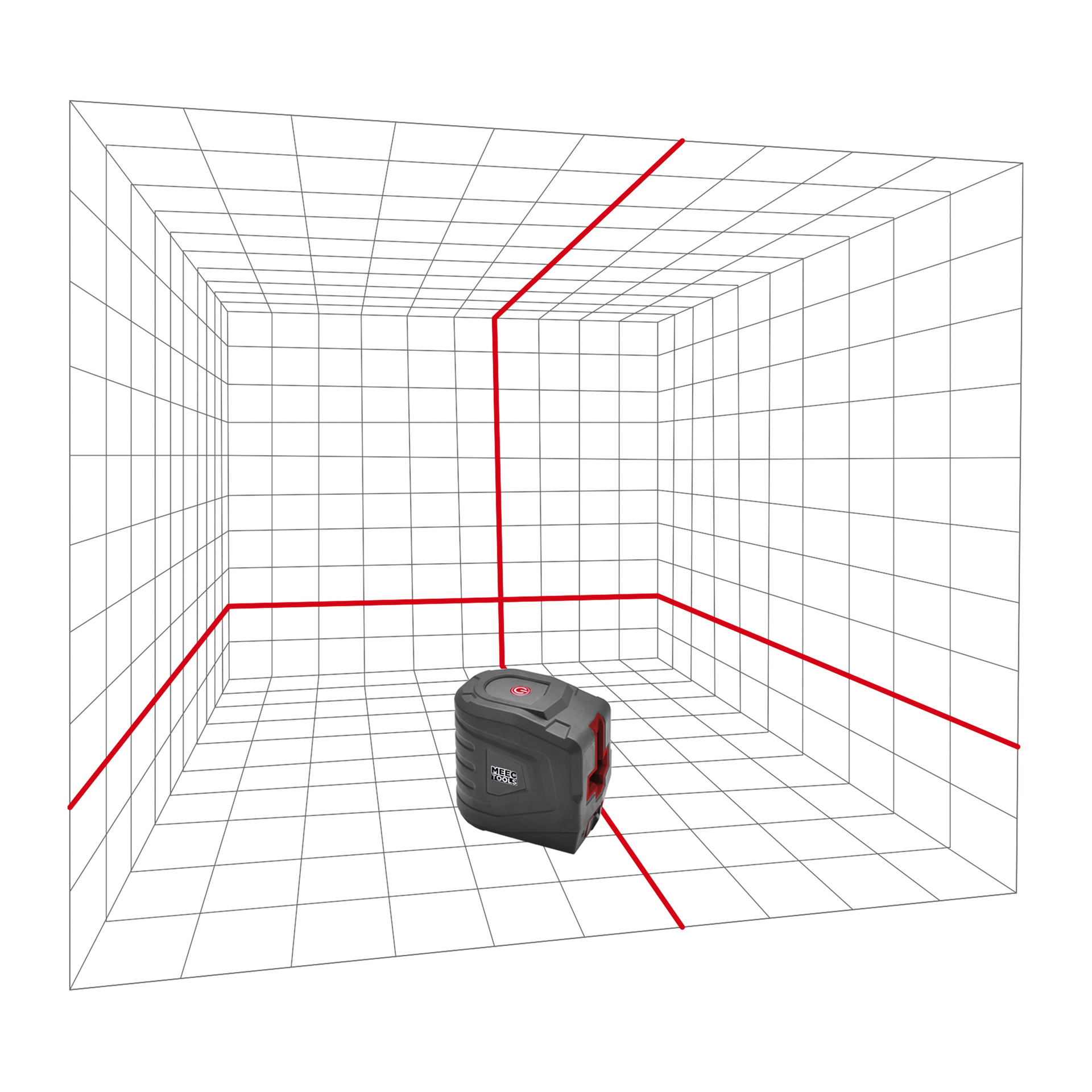 Meec Tools Crosshair laserröd, i svart och grått, avger tre röda laserlinjer – vertikala, horisontella och sidledare – i ett 3D-rutnätsrum.