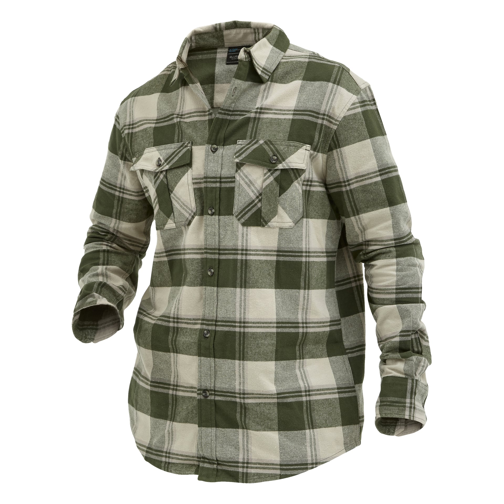 Herreflanellskjorten Ture by Bluewear har grønn og hvit rutete skjorte, lange ermer, knapper foran, to brystlommer med knappeklaffer og en krage." Ermene er lett bøyde.