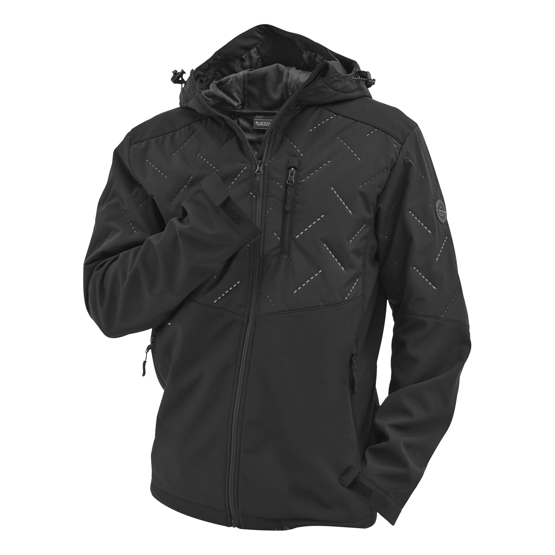 męska kurtka softshell Jerry marki Bluewear, lekko wyściełana, z kapturem, zamek z przodu, zasuwane kieszenie na klatkę piersiową i boczne, na manekinie.
