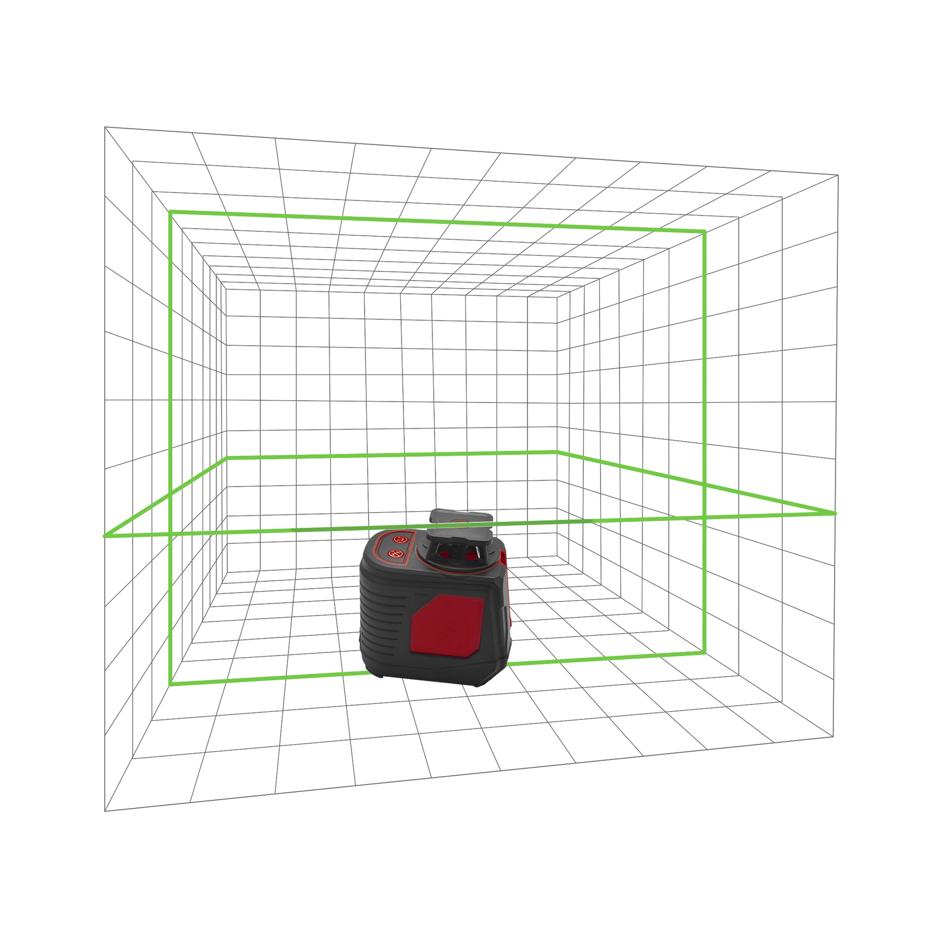 En Meec Tools Crosshair lasergrön uppställning i ett 3D-trådramrum, gröna linjer korsar varandra i mitten av varje vägg.