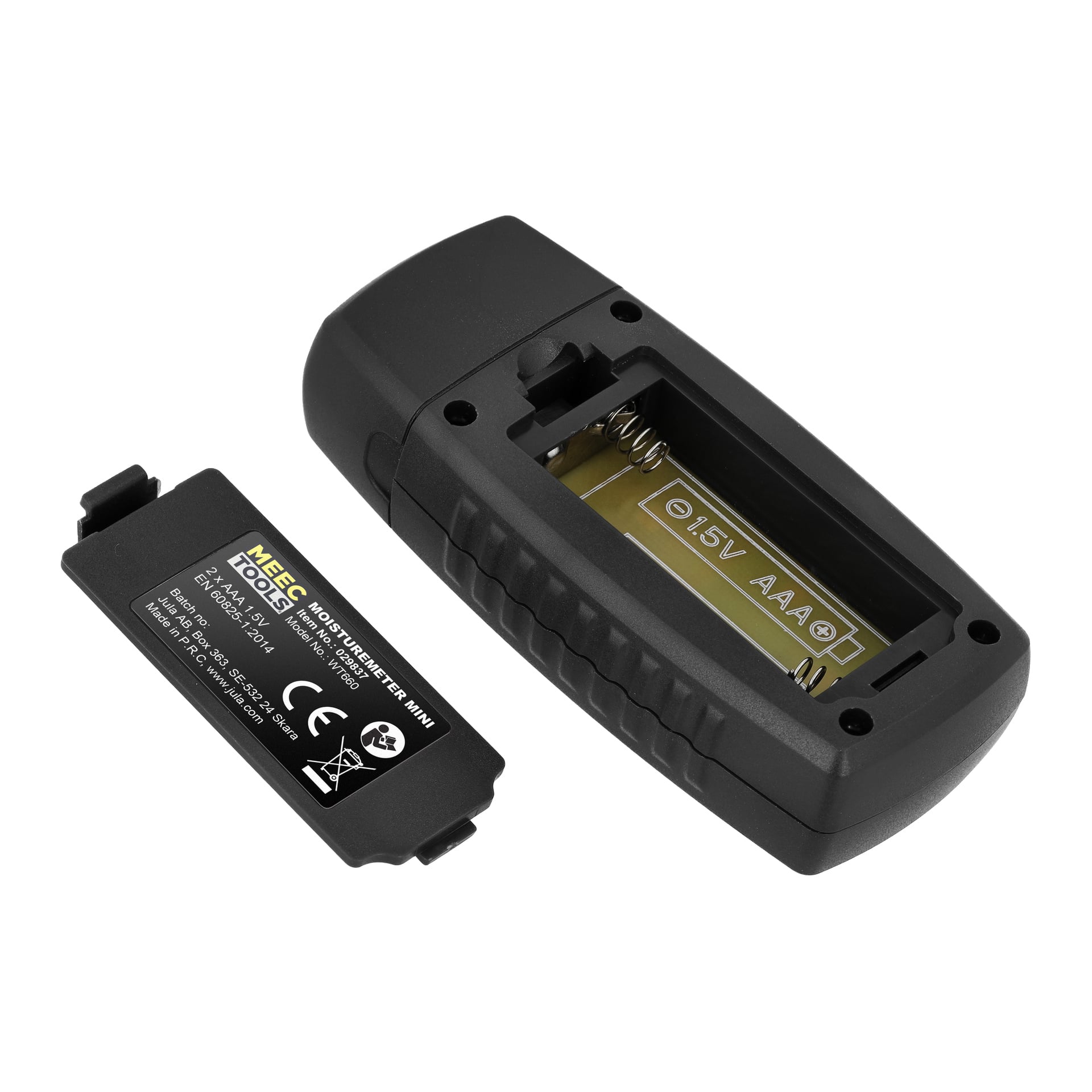 Nærbilde av et svart batterirom fra Meec Tools Moisture Meter Mini, deksel av, viser to AAA-spor og produktinformasjon på lokket.