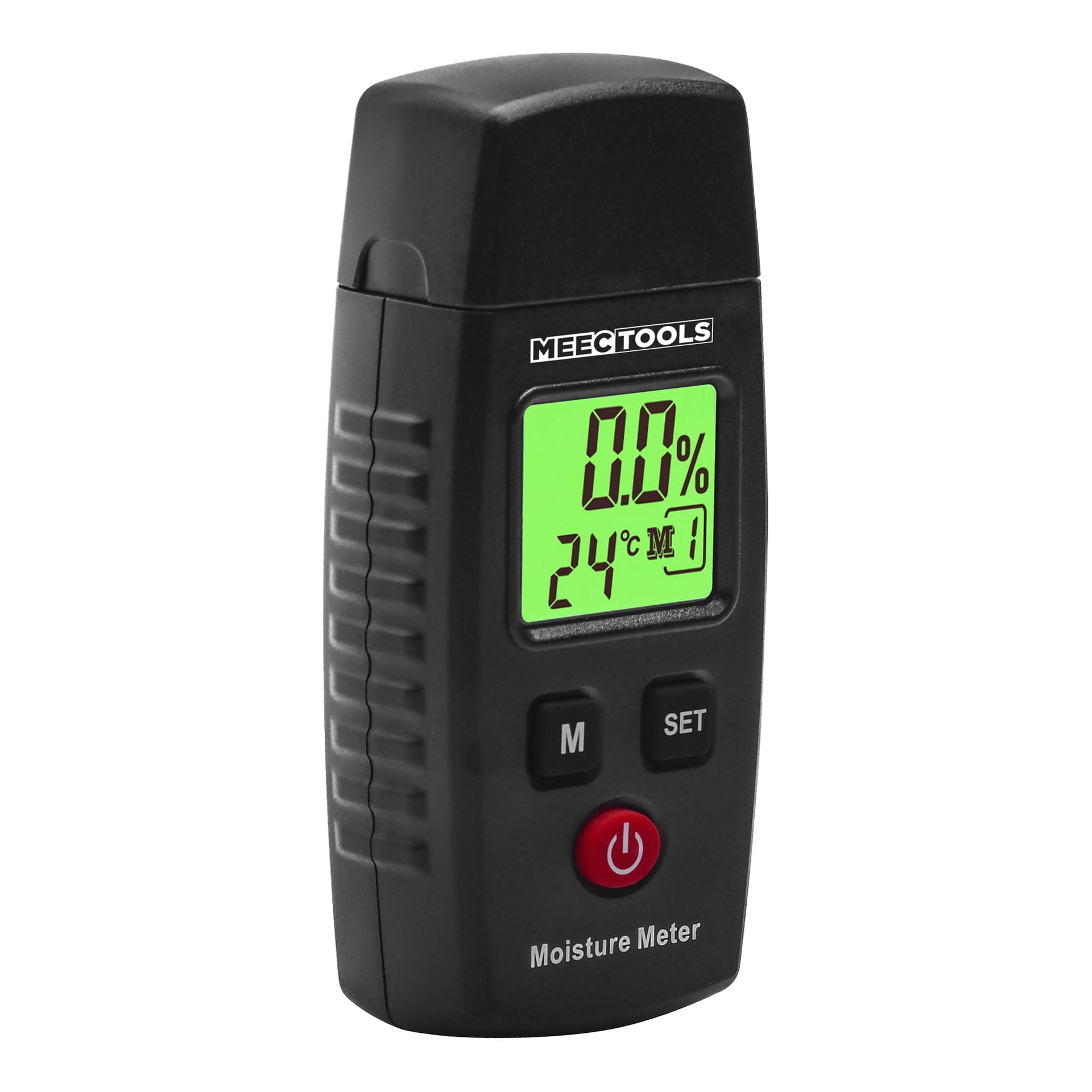 Black Meec Tools Moisture Meter Mini med digital skjerm viser 0,0 % og 24°C, rillekanter, M, SET og rød av/på-knapp under skjermen.
