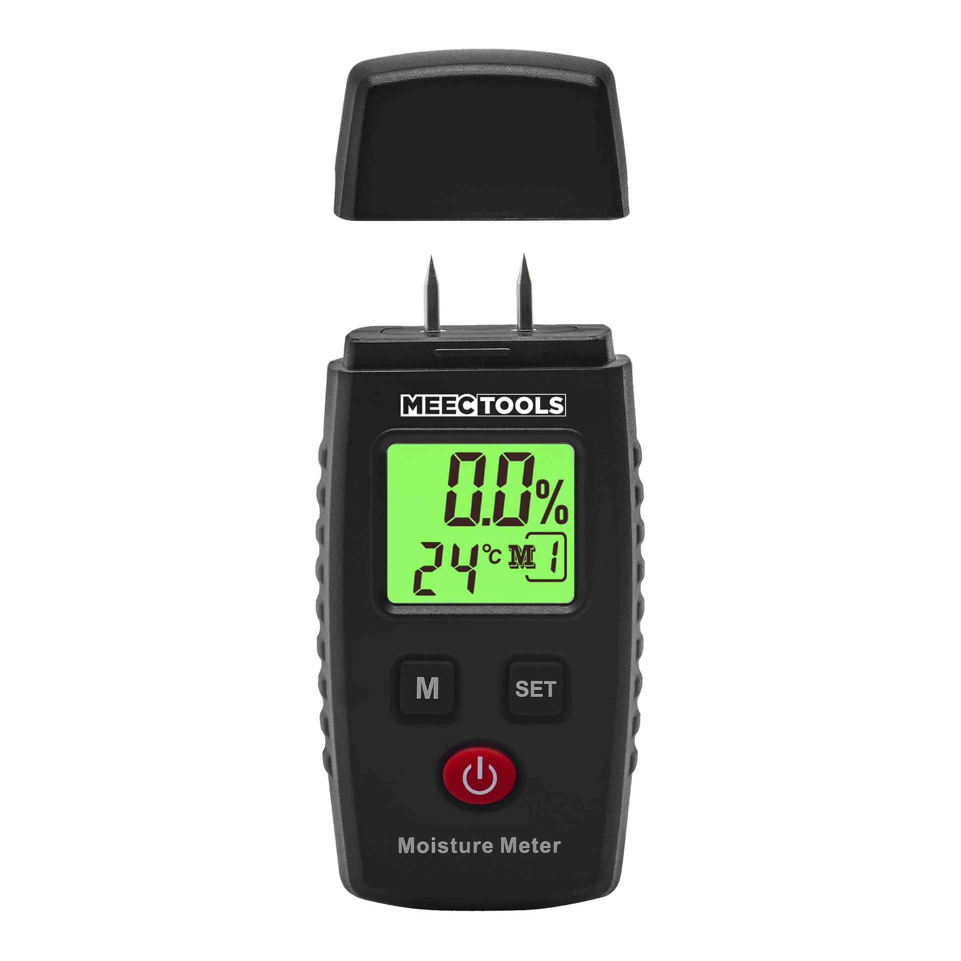 Meec Tools Moisture Meter Mini har to metallpinner, en LCD som viser 0,0 % og 24°C, merkede knapper, og en løs lokk over.