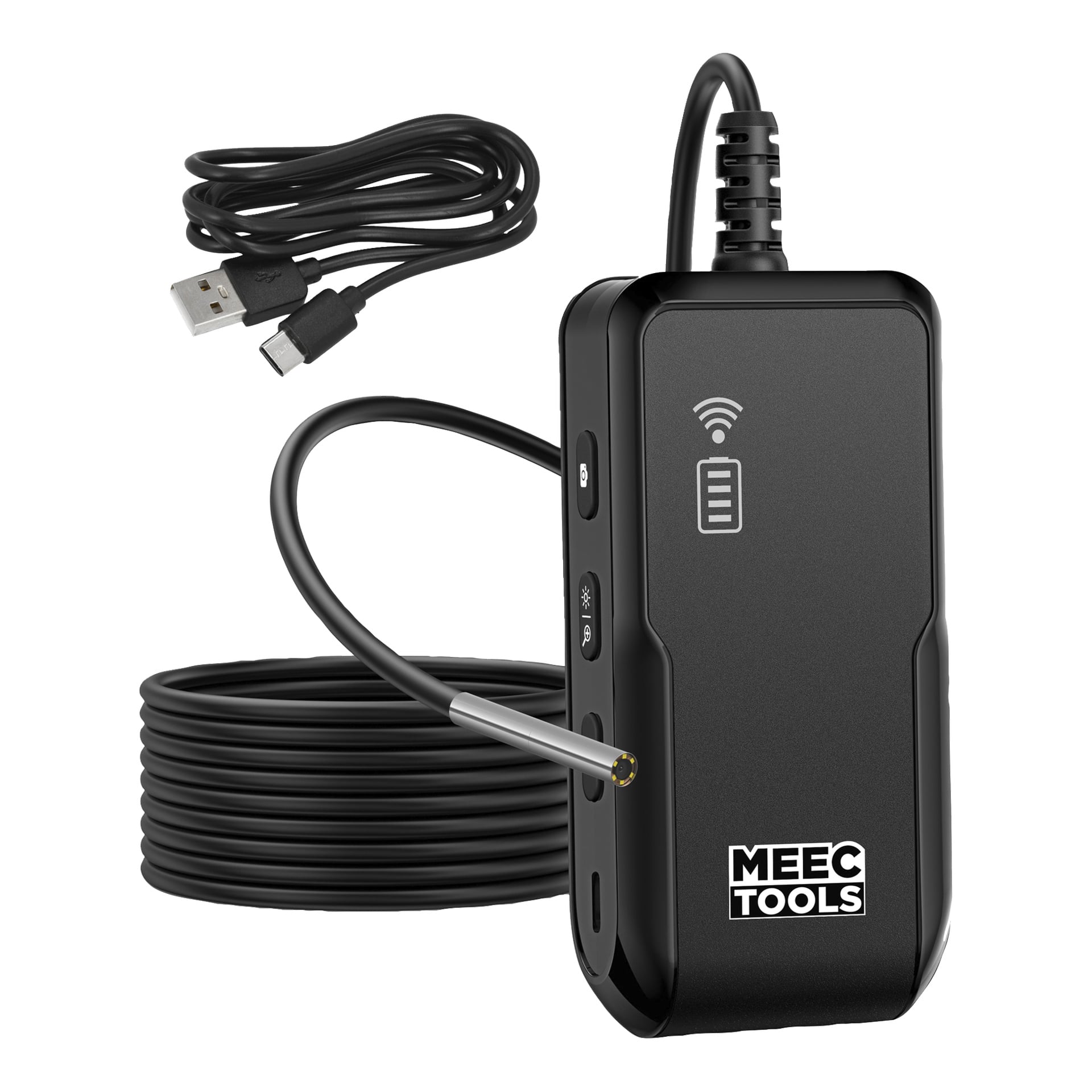 Black Meec Tools inspektionskamera för mobila enheter, med flexibel kabel, LED-spets, reglag, batteridisplay och USB-C-kabel.