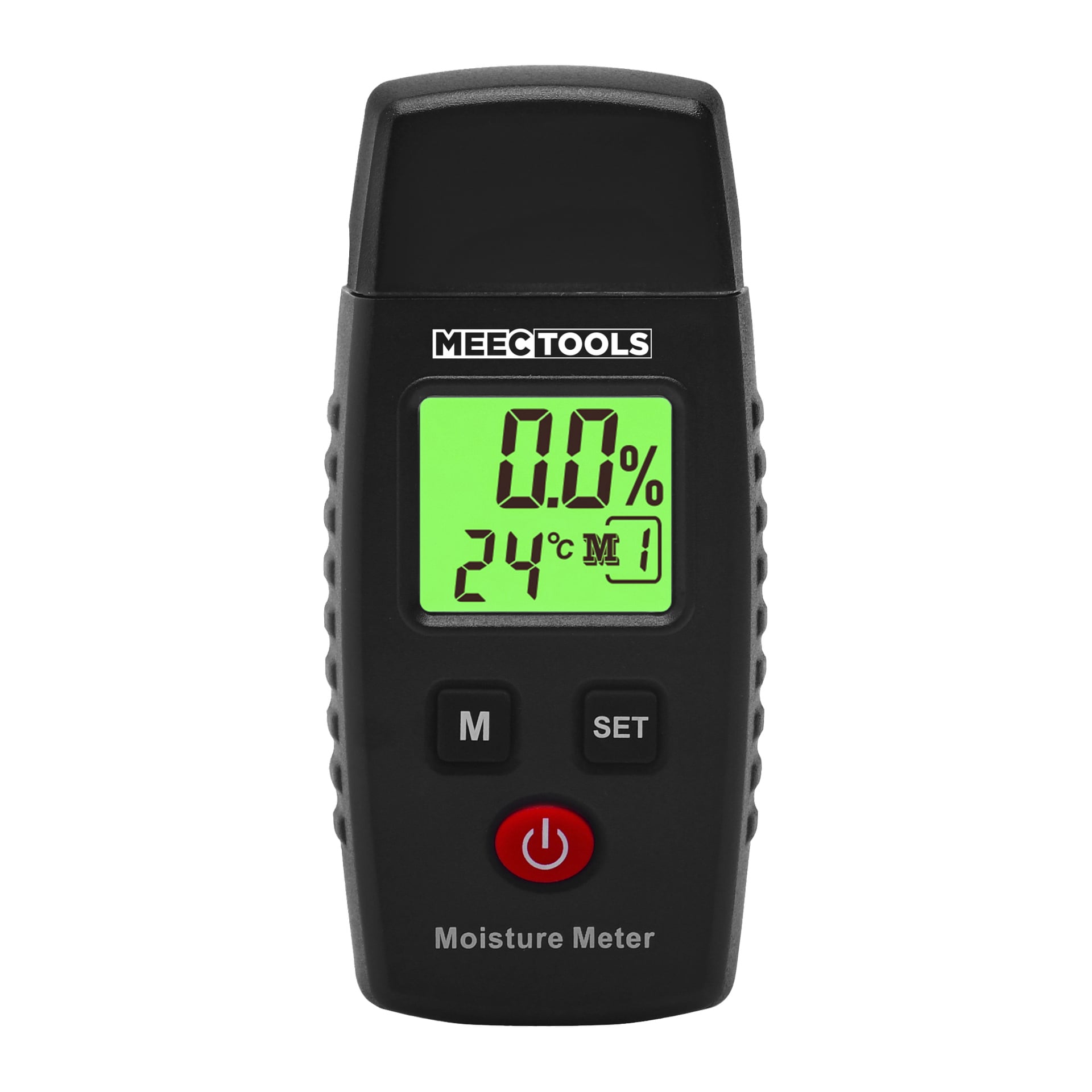 En svart Meec Tools Moisture Meter Mini med grønt lys viser 0,0 % fuktighet, 24°C, symboler, tre knapper og tekst under.