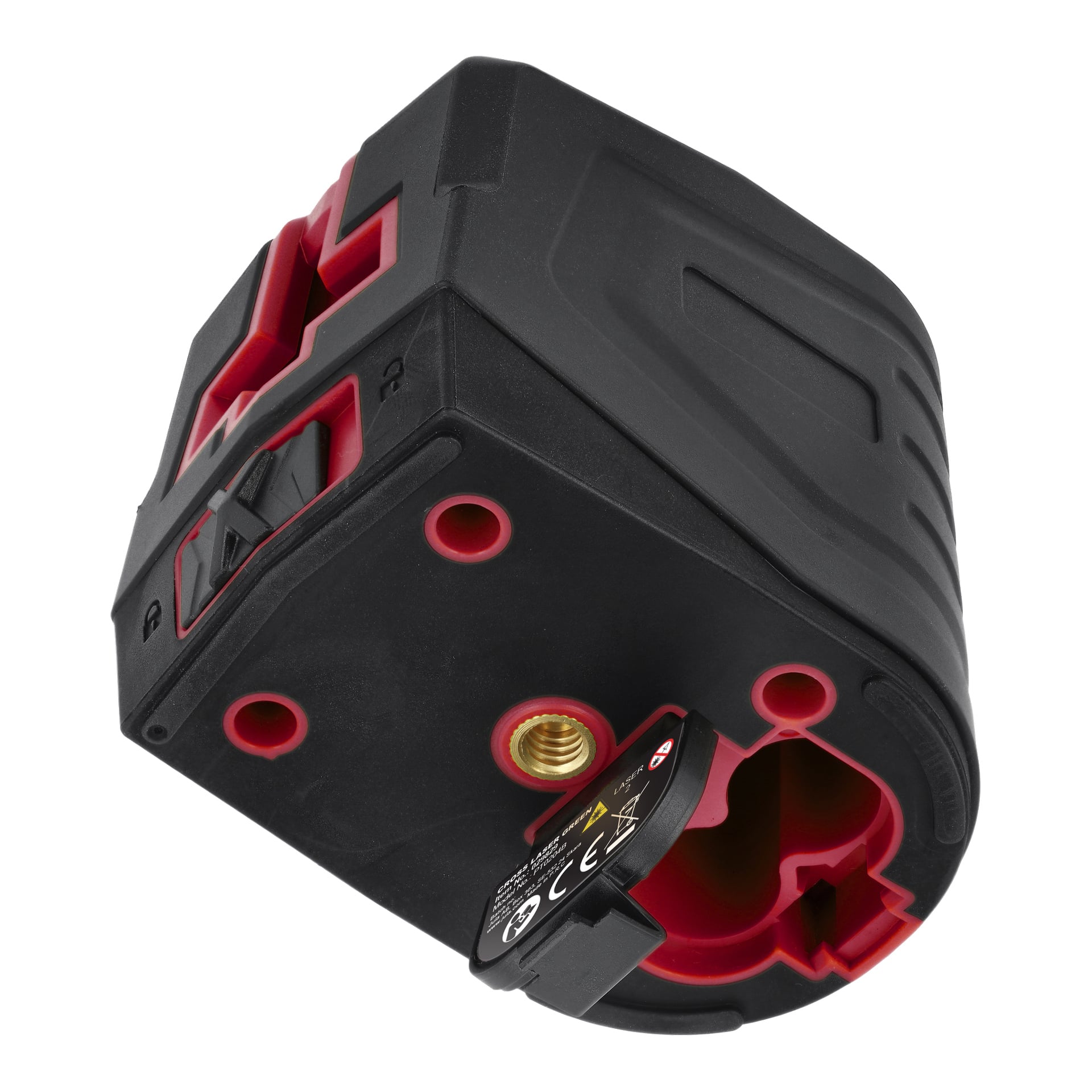 Meec Tools Crosshair Laser Red har ett svart och rött plastfodral, avtagbart lock, messingskontakt och flera anslutningsportar.