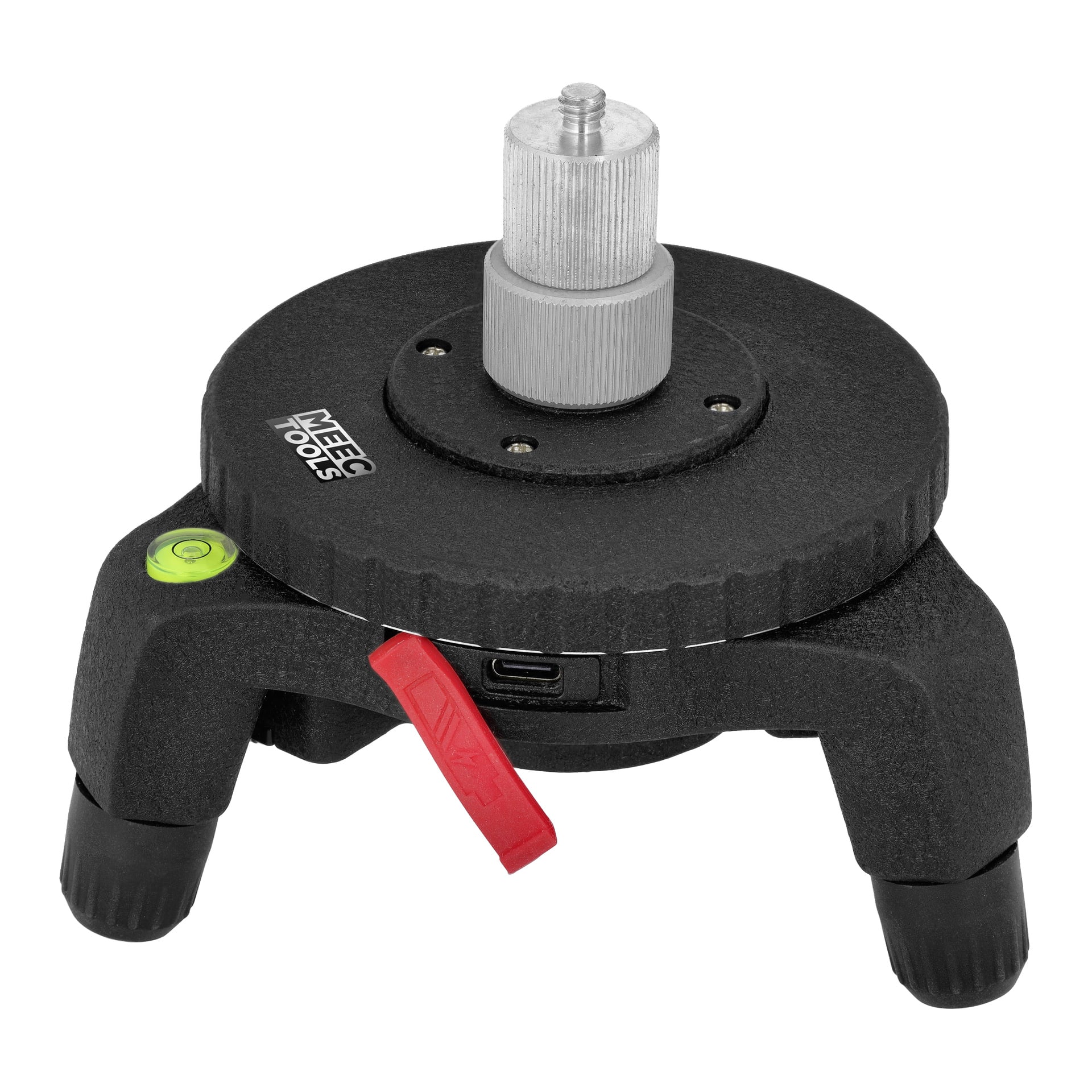 Black Meec Tools fjernstyrt bordstativ for laserinstrumenter med tre ben, boblenivå, rød spak, USB-C-port og logo.