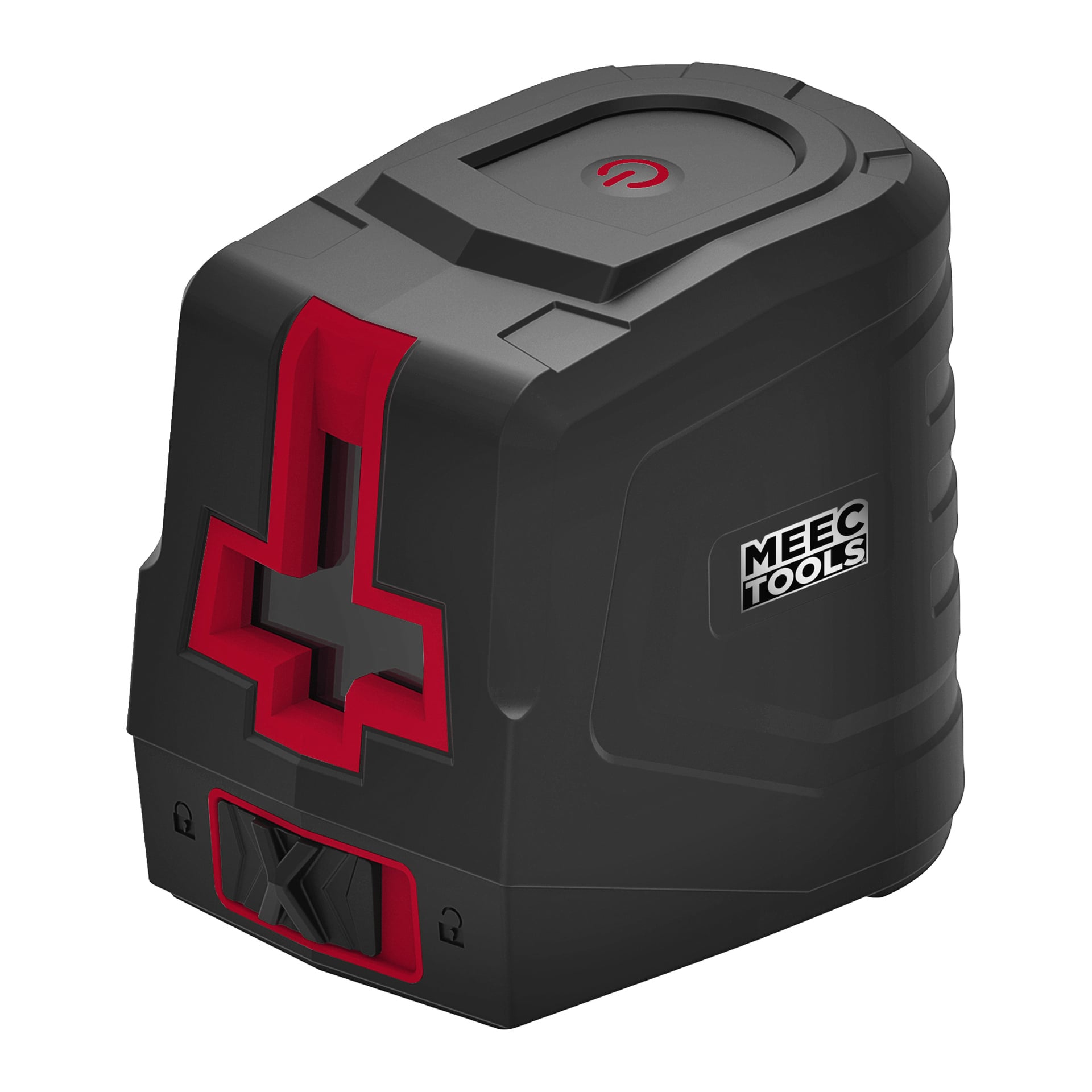 Meec Tools Crosshair laserröd har en robust, svart och röd kantformad konstruktion, texturerade sidor, tvärrfudda framtill och översta strömknapp.