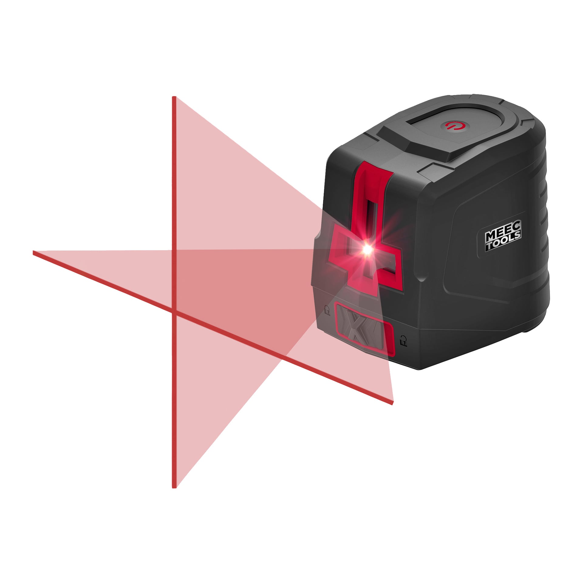 Meec Tools Crosshair Laser Red avger röda vertikala och horisontella linjer som korsar varandra och bildar ett kors framför enheten.