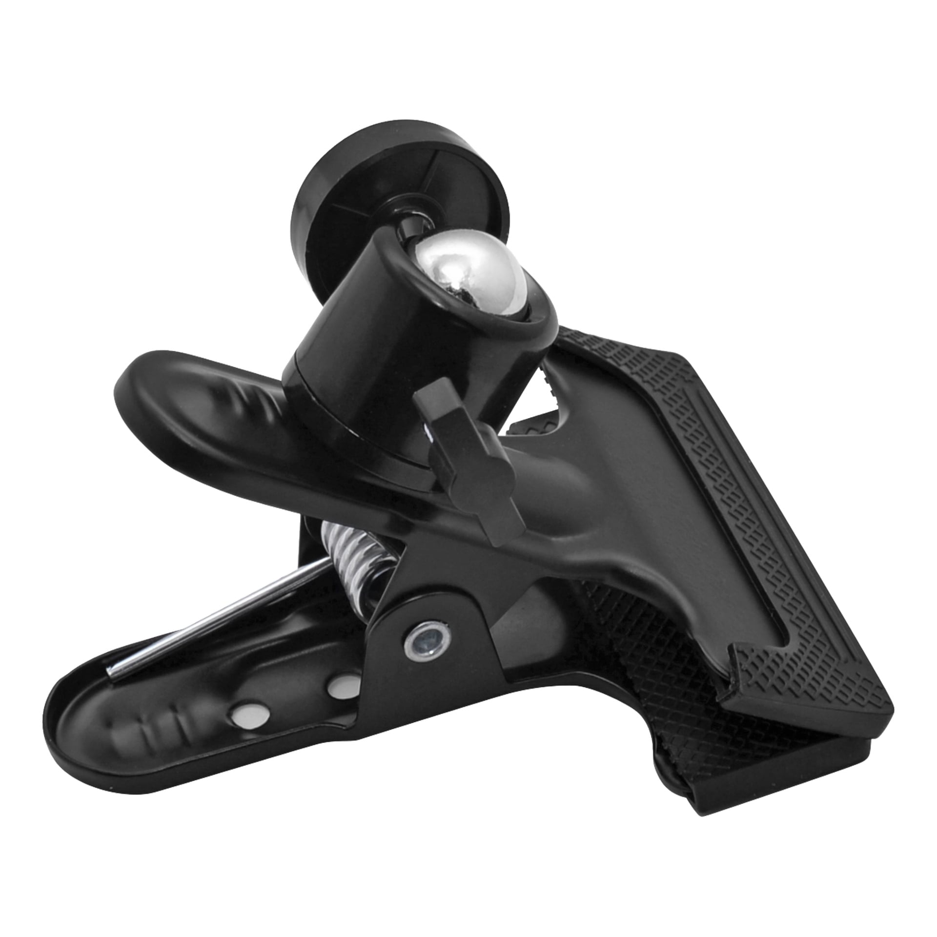 Die Meec Tools Clamp ist eine schwarze Metallklemme mit strukturiertem Griff und Kugelkopfmontage, die dazu entwickelt wurde, Lasergeräte oder kleine Werkzeuge zu sichern.