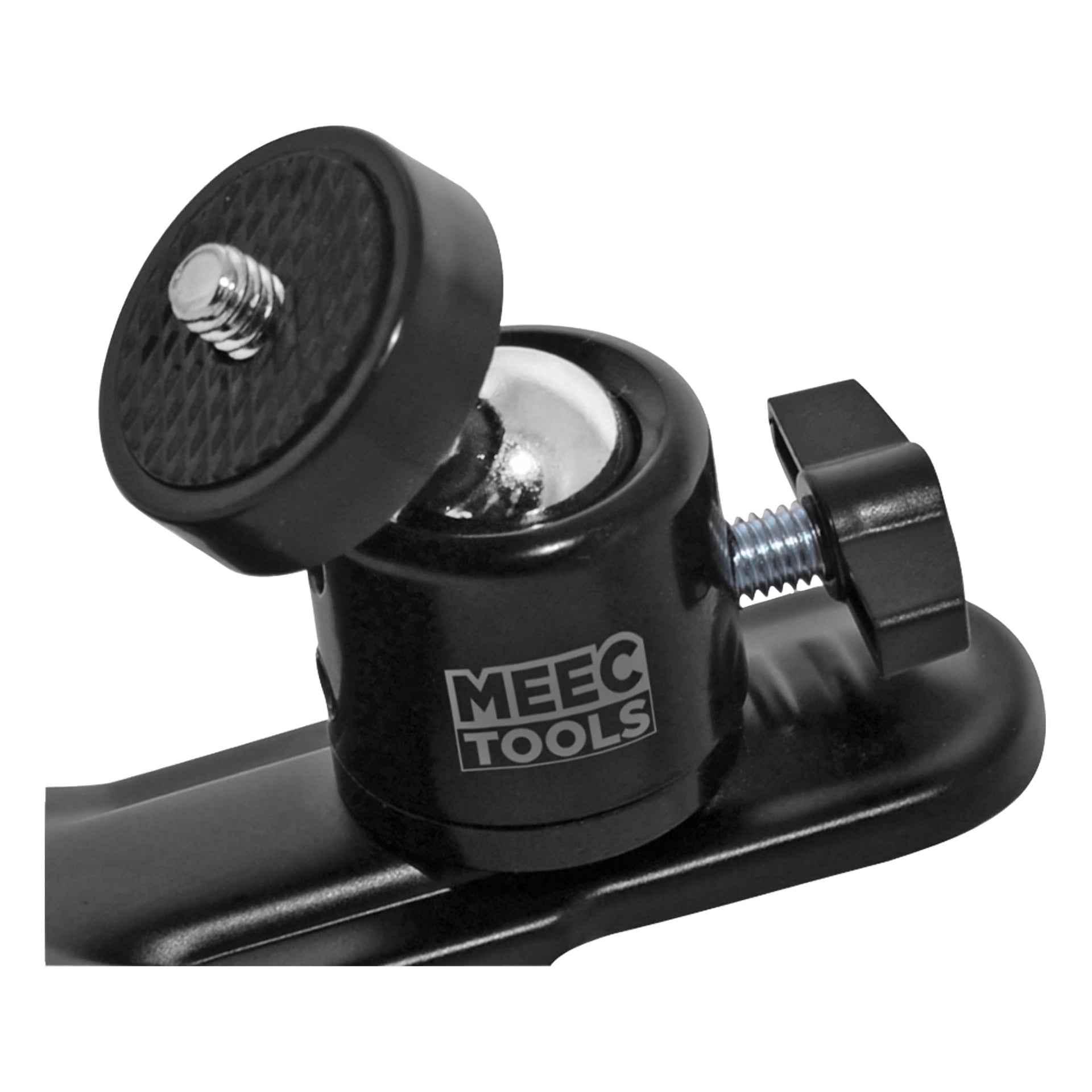 Nahaufnahme einer schwarzen Meec Tools Laserklemme, die eine obere Schraube, einen Seitenverstellknopf und das Meec Tools-Logo an der Seite zeigt.