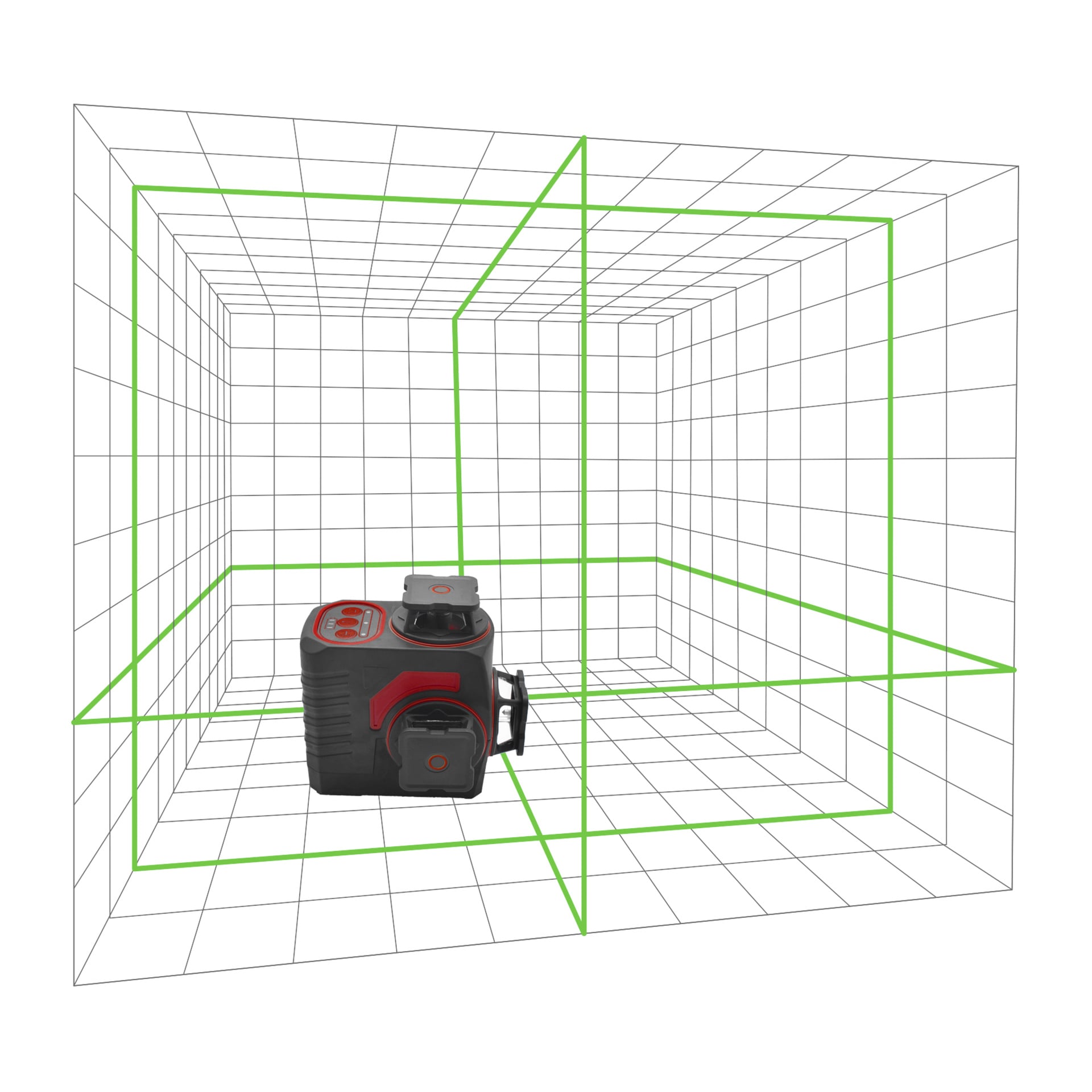 Meec Toolsin ladattava ristikkolaser-vihreä 3x360° istuu 3D-lankakehyslaatikossa, jossa on vihreät kirveet, ruudukolla reunustatulla pinnalla.