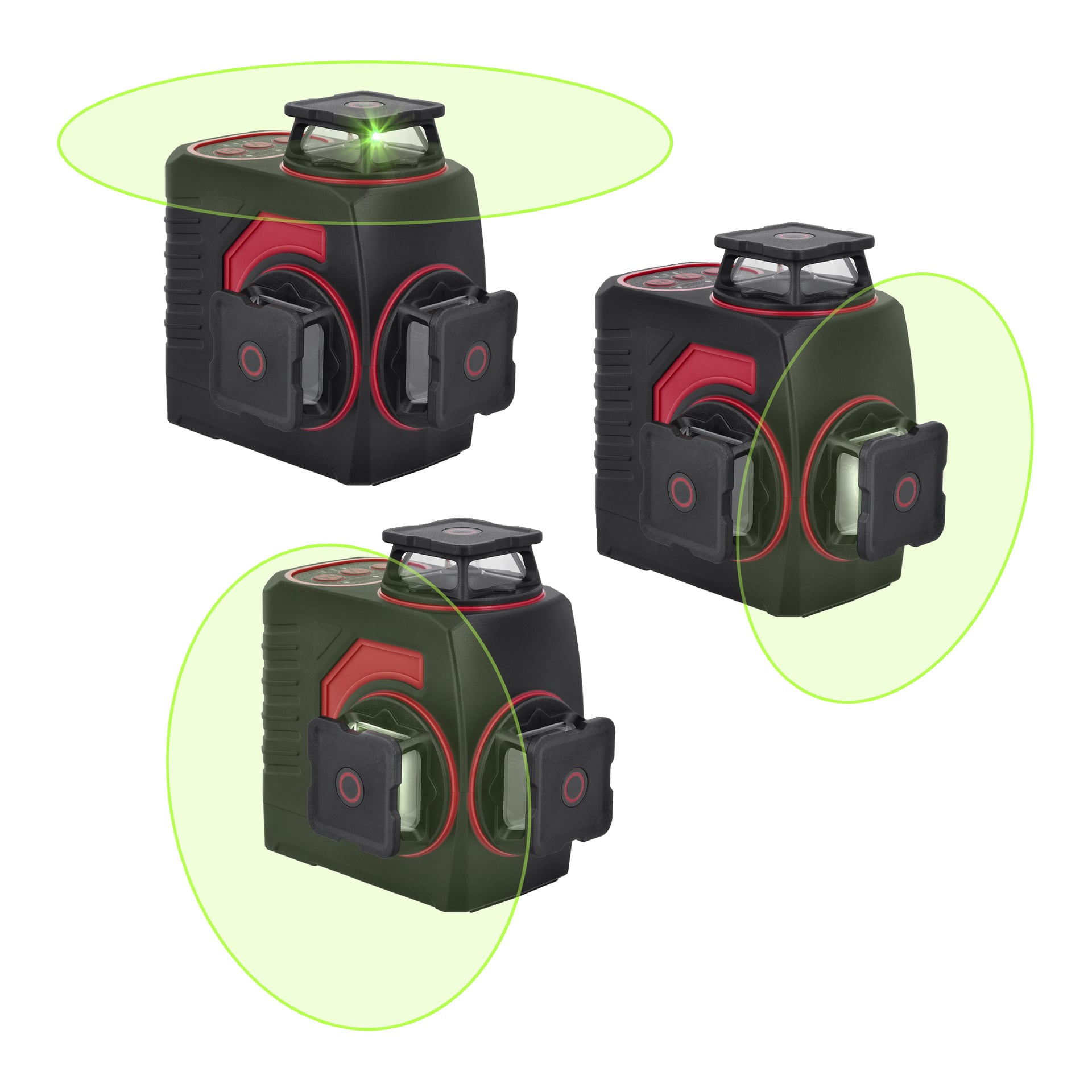 Kolme identtistä Meec Tools 3x360° vihreää lasertasoa, musta ja vihreä punaisilla yksityiskohdilla, heijastaa näkyviä vihreitä viivoja ylhäältä ja sivuilta.