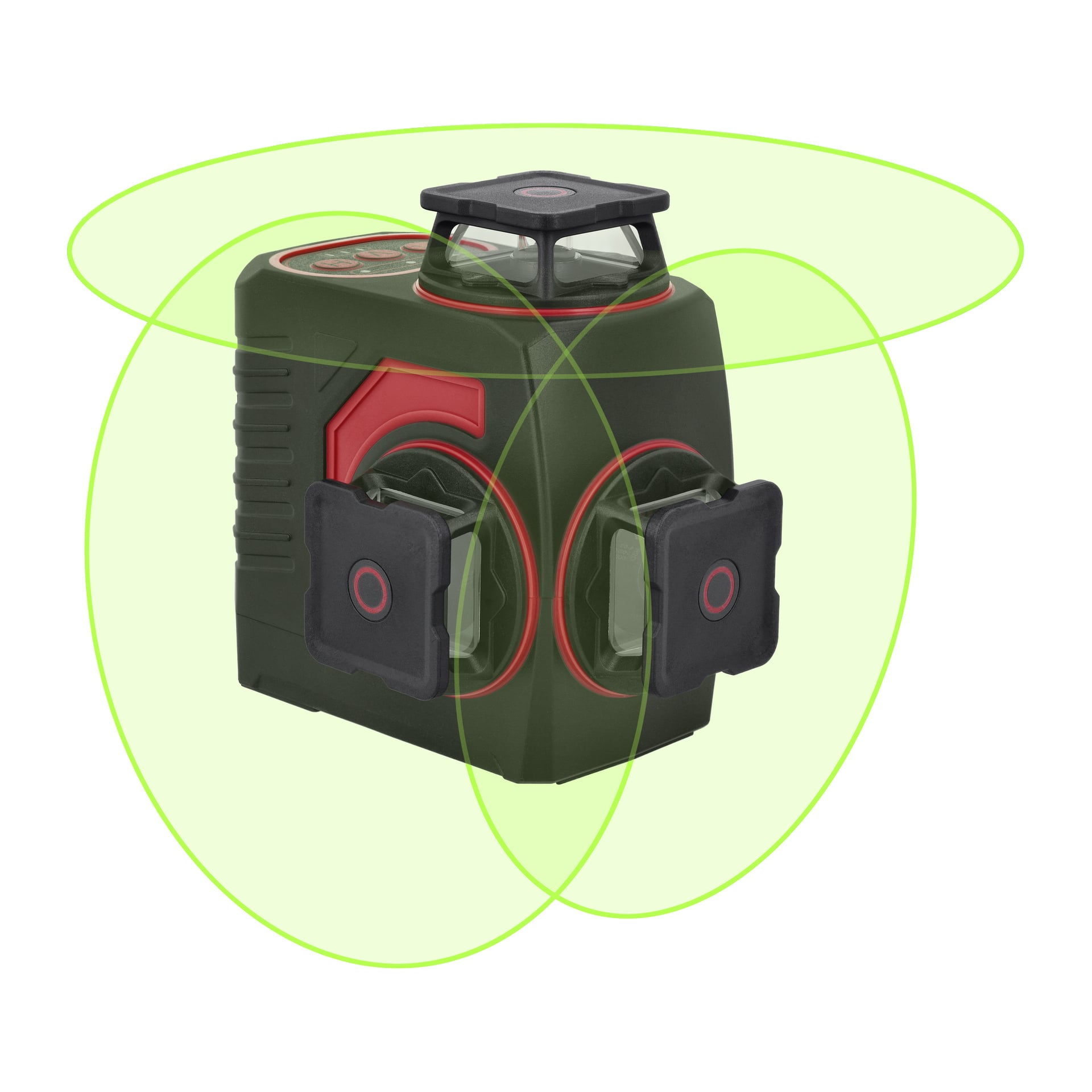 Meec Tools Rechargeable Crosshair-laser grønn 3x360° har tre laservinduer som projiserer kryssende grønne linjer for justering.