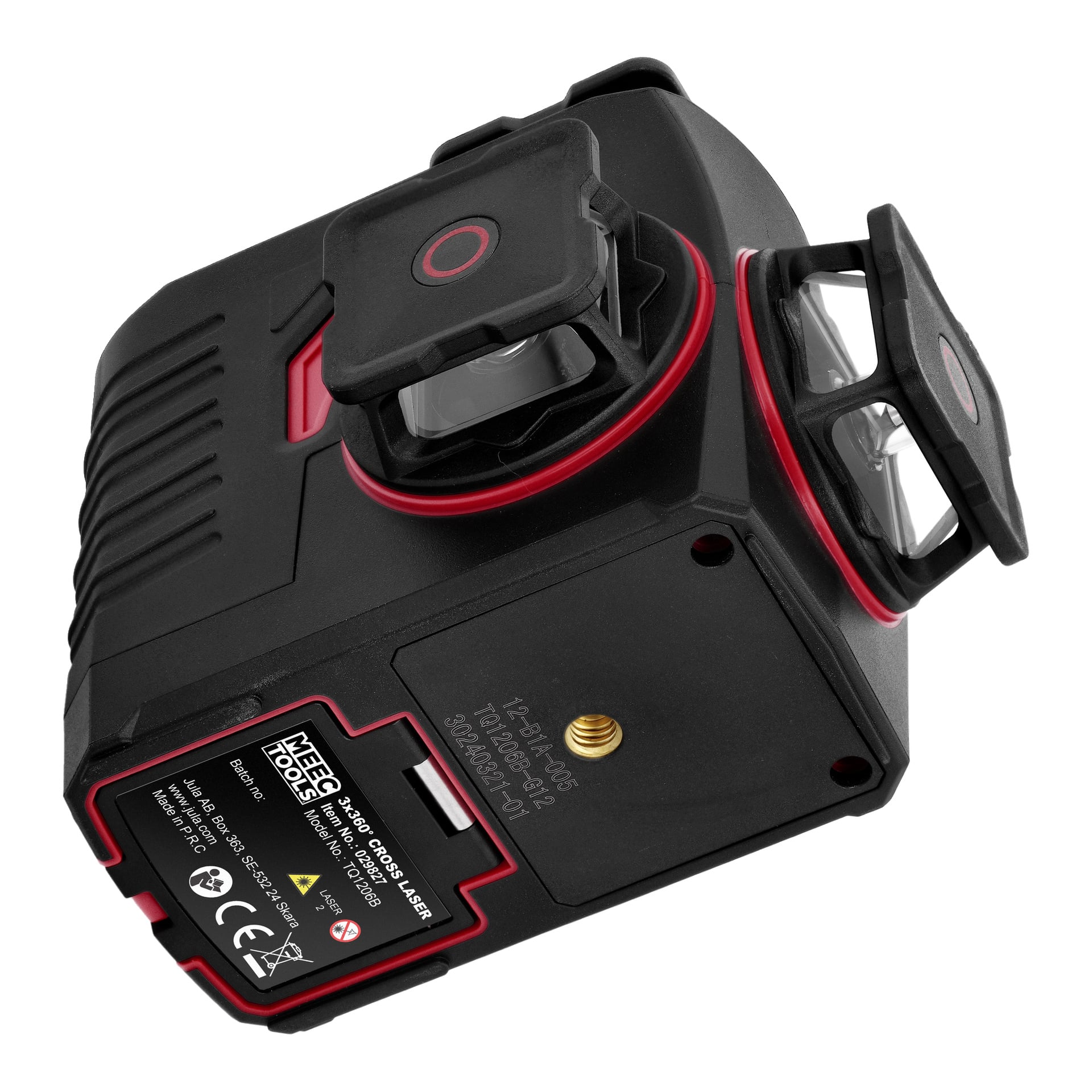 Meec Tools Rechargeable Crosshair-laser laser grønn 3x360° har et robust svart og rødt design, teksturert grep, linse og etikett under.