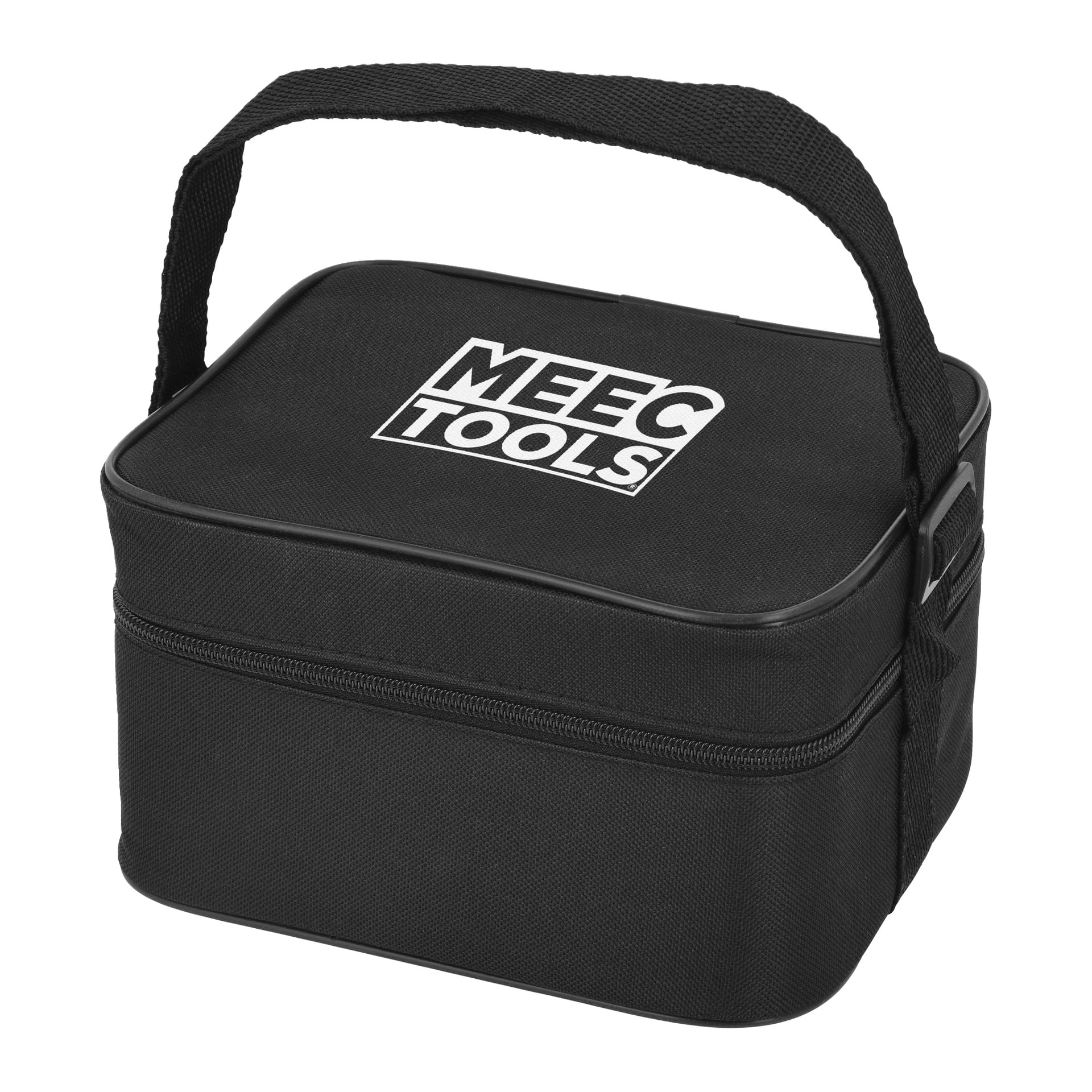 Svart rektangulært stoffetui med glidelås og håndtak, Meec Tools-logo på toppen, laget for det oppladbare siktekorset med laser grønn 3x360°.