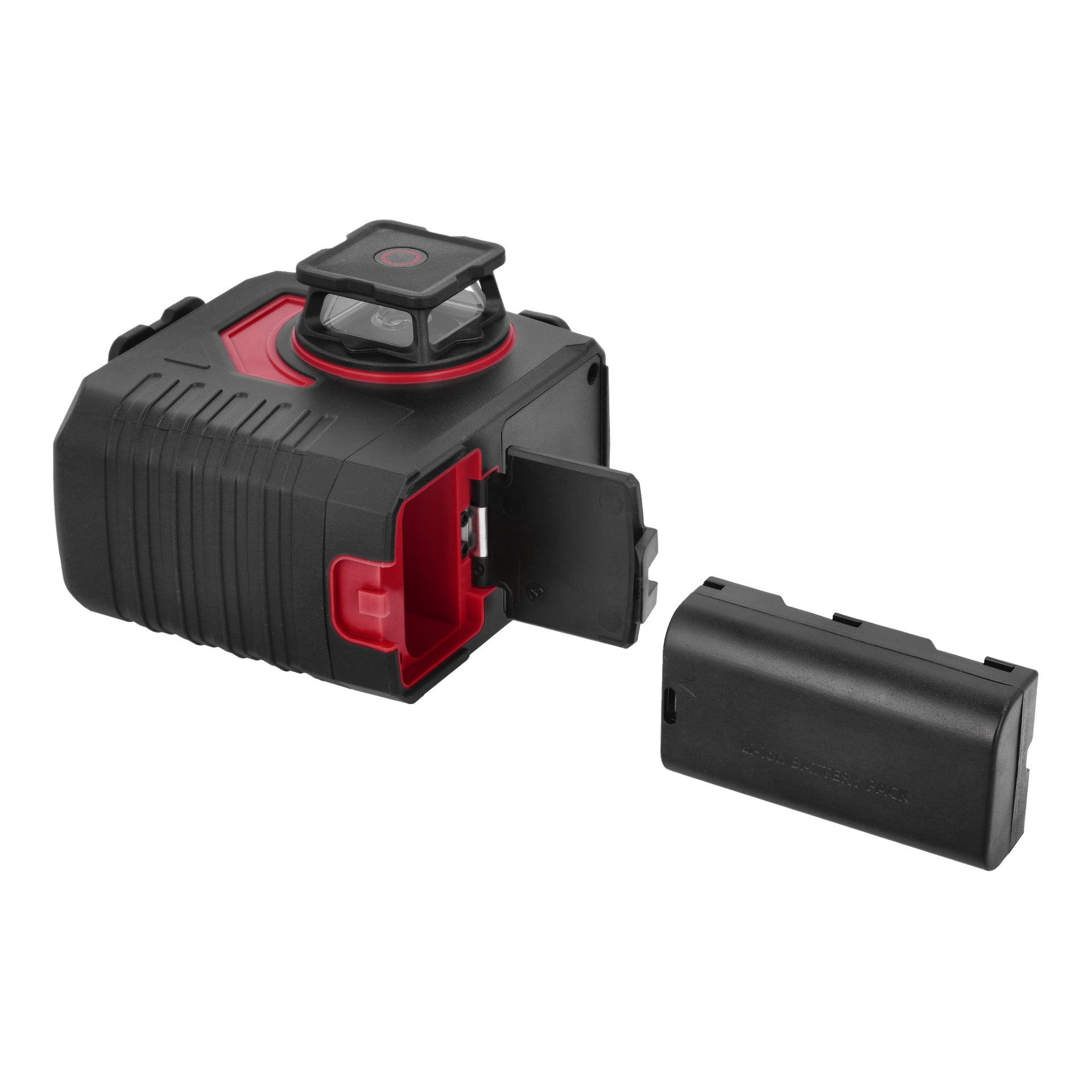 Musta ja punainen Meec Tools ladattavat ristikkölaservihreät 3x360°, läpinäkyvä ylälinssi, paristo avoinna, akku vieressä.