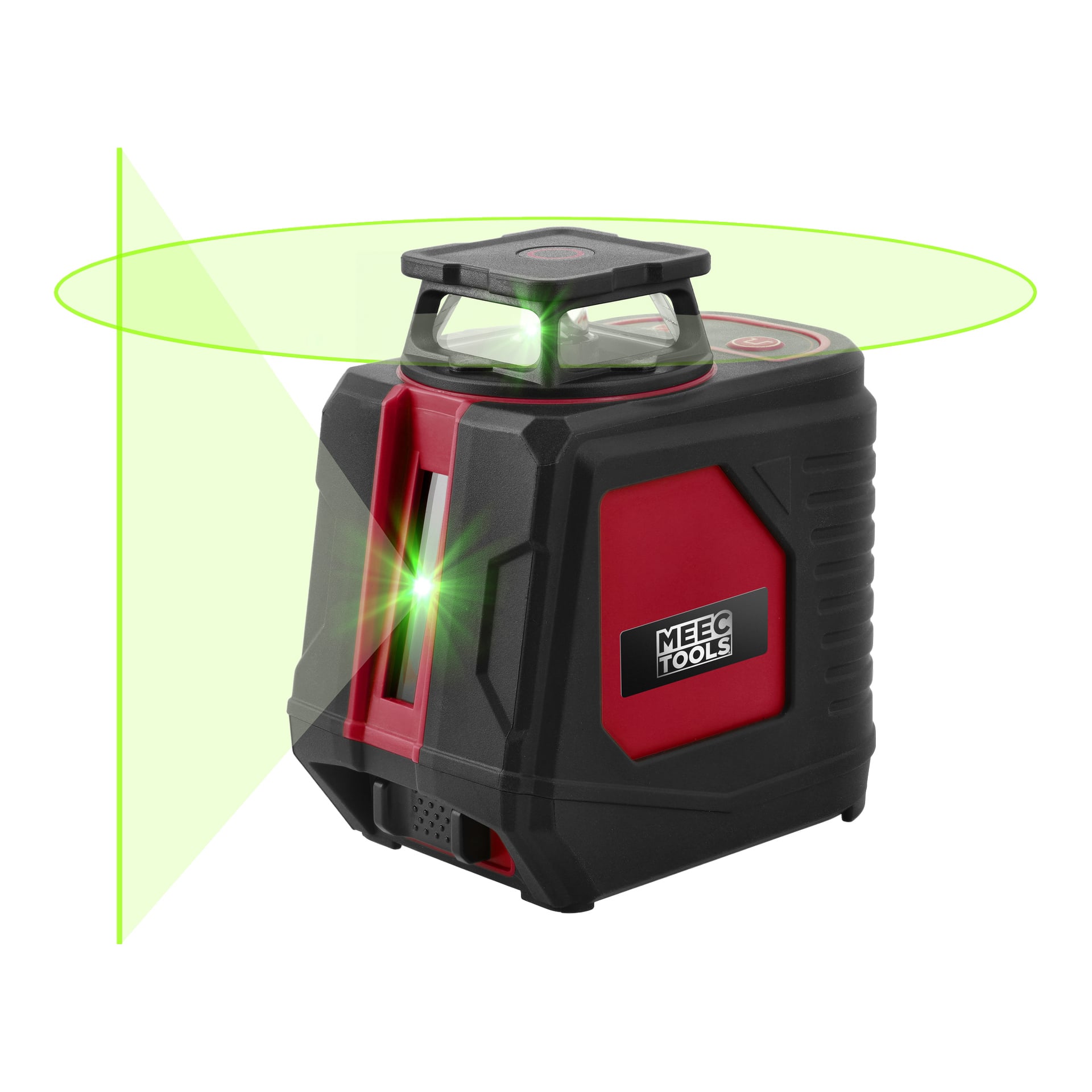 Meec Tools Crosshair Laser Green projicerar 360° horisontella och vertikala gröna laserlinjer, perfekt för exakt nivellering och justering.