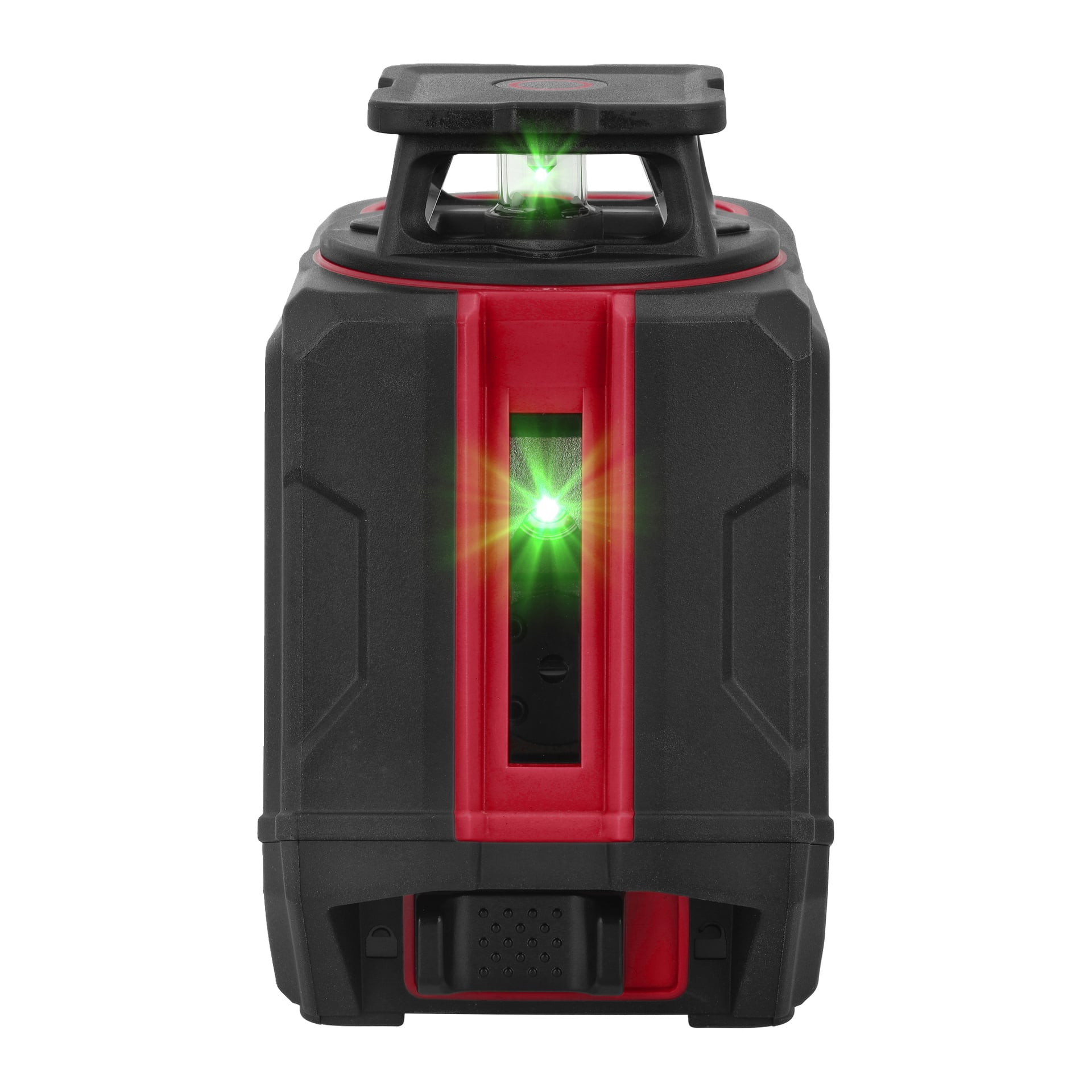 Meec Tools Crosshair Laser Green har en svart och röd kropp, avger livfulla gröna strålar från mitten och toppen, med robust skal.