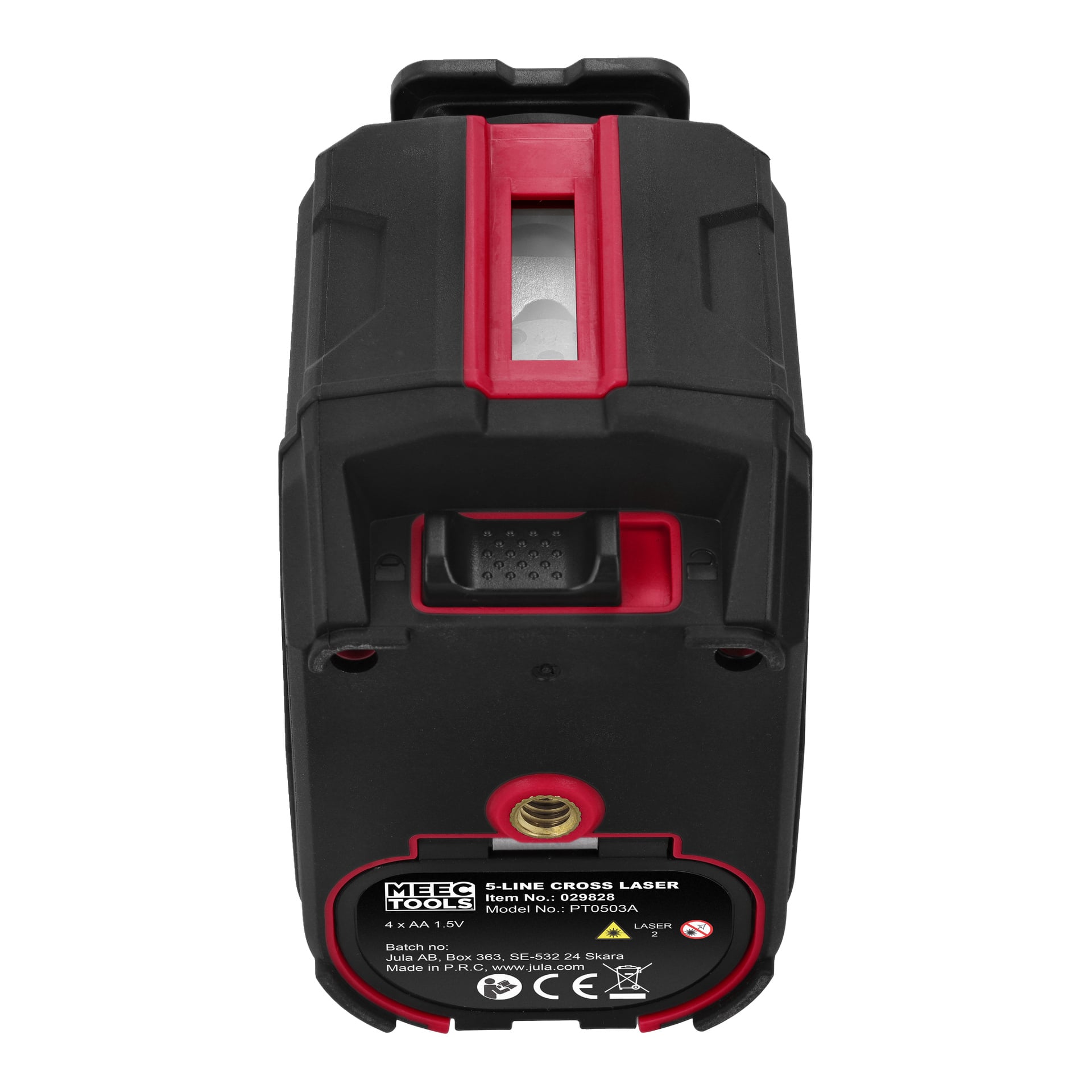 Meec Tools Crosshair Laser Green visar fem linjer, ett övre visningsfönster, monteringshål, märkt info under, och använder 4 AA-batterier.