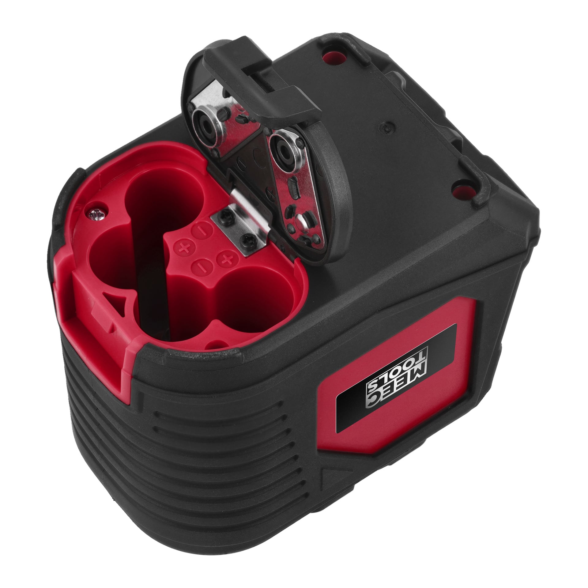 Rektangulärt svart och rött uppladdningsbart batteripaket med metallkontakter, terminalmärkningar, Meec Tools-etikett, för Crosshair lasergrön.