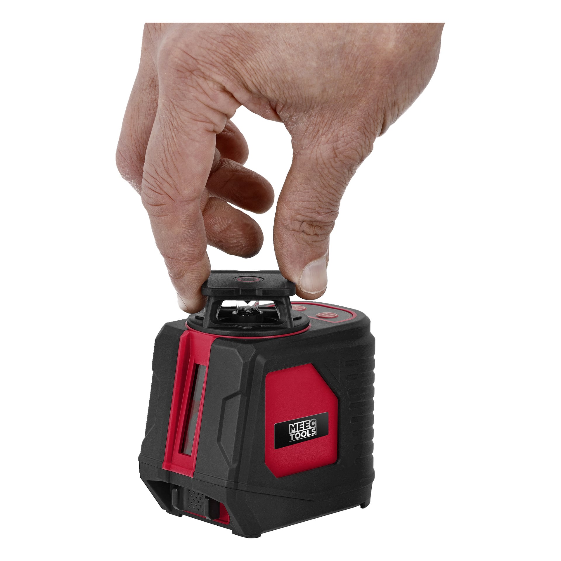 En hand greppar toppen på en Meec Tools Crosshair Green laser, som har en röd och svart design.