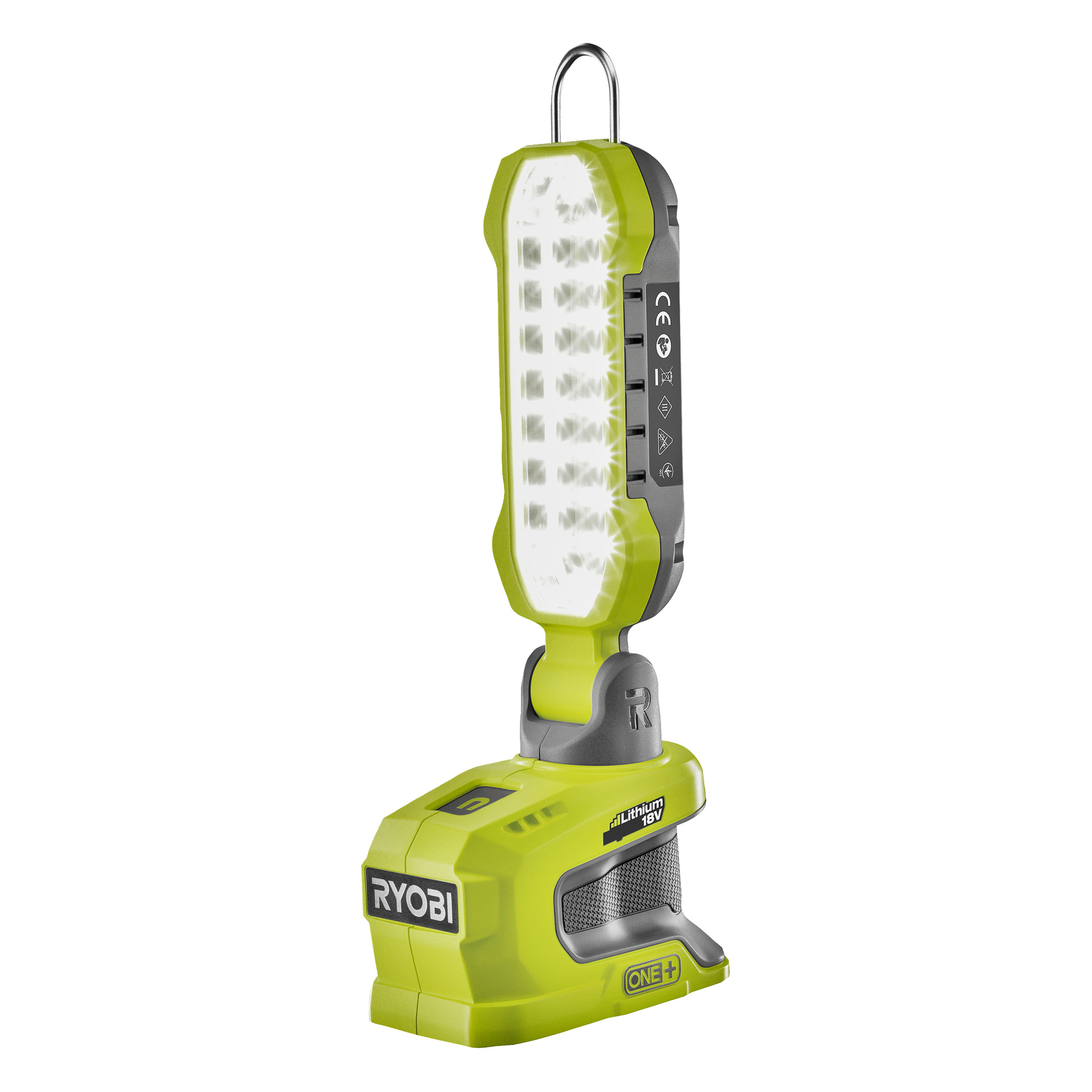 Ryobi One+ R18ALP-0 LED-arbetslampa i grönt och grått med flera tända lysdioder och en metallkrok för upphängning.