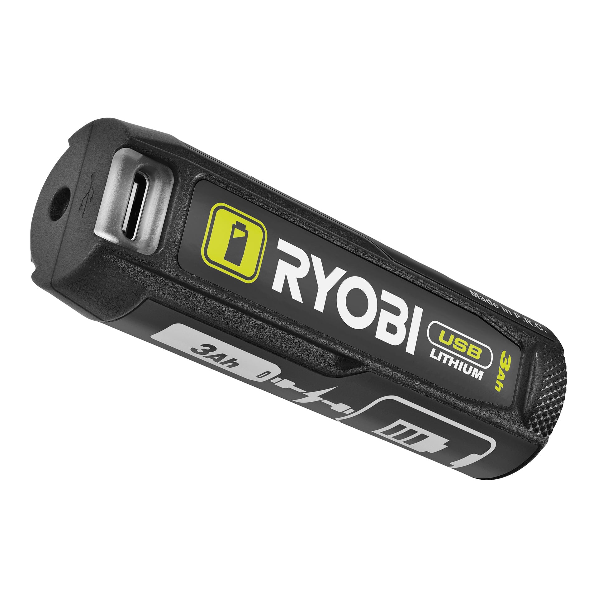 Et svart Ryobi USB Lithium Battery RB4L30 viser en USB-C-port og er merket 3Ah og USB Lithium på siden i hvitt og gult.