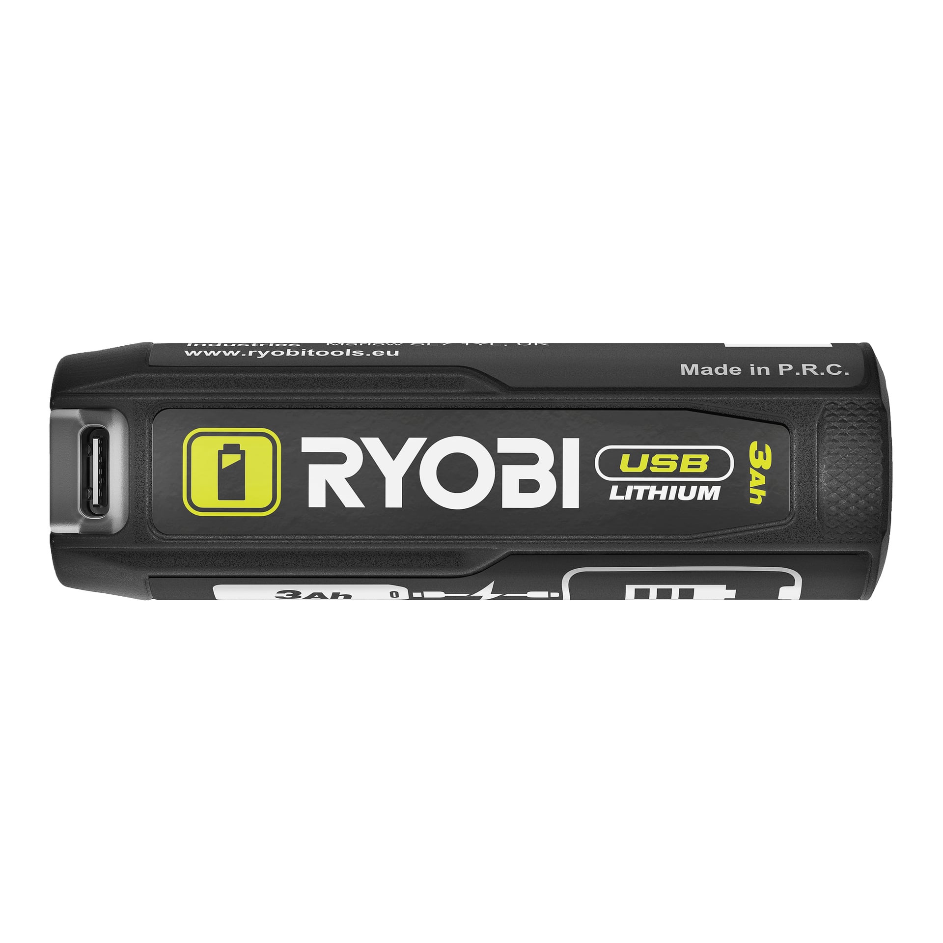 Nærbilde av et svart Ryobi USB Lithium Battery RB4L30 (3Ah), som viser en USB-C-port til venstre og tekst i kabinettet: Made in P.R.C., ryobitools.eu.